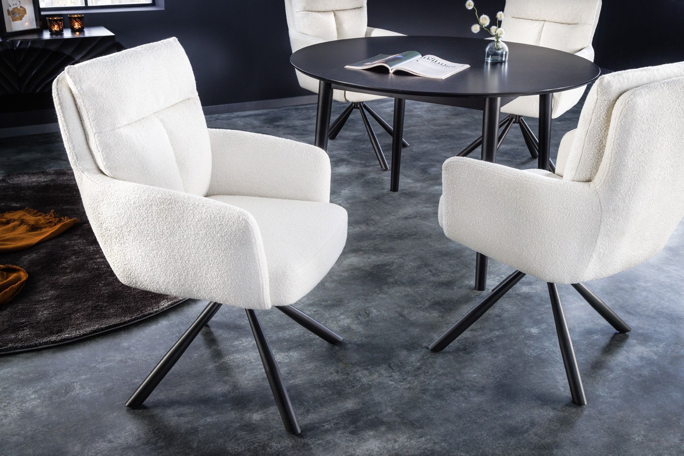 Drehstuhl ohne Rollen aus Bouclé Metall Weiß Schwarz Moebel, Tabelle, Tischplatte, Buch, Stuhl