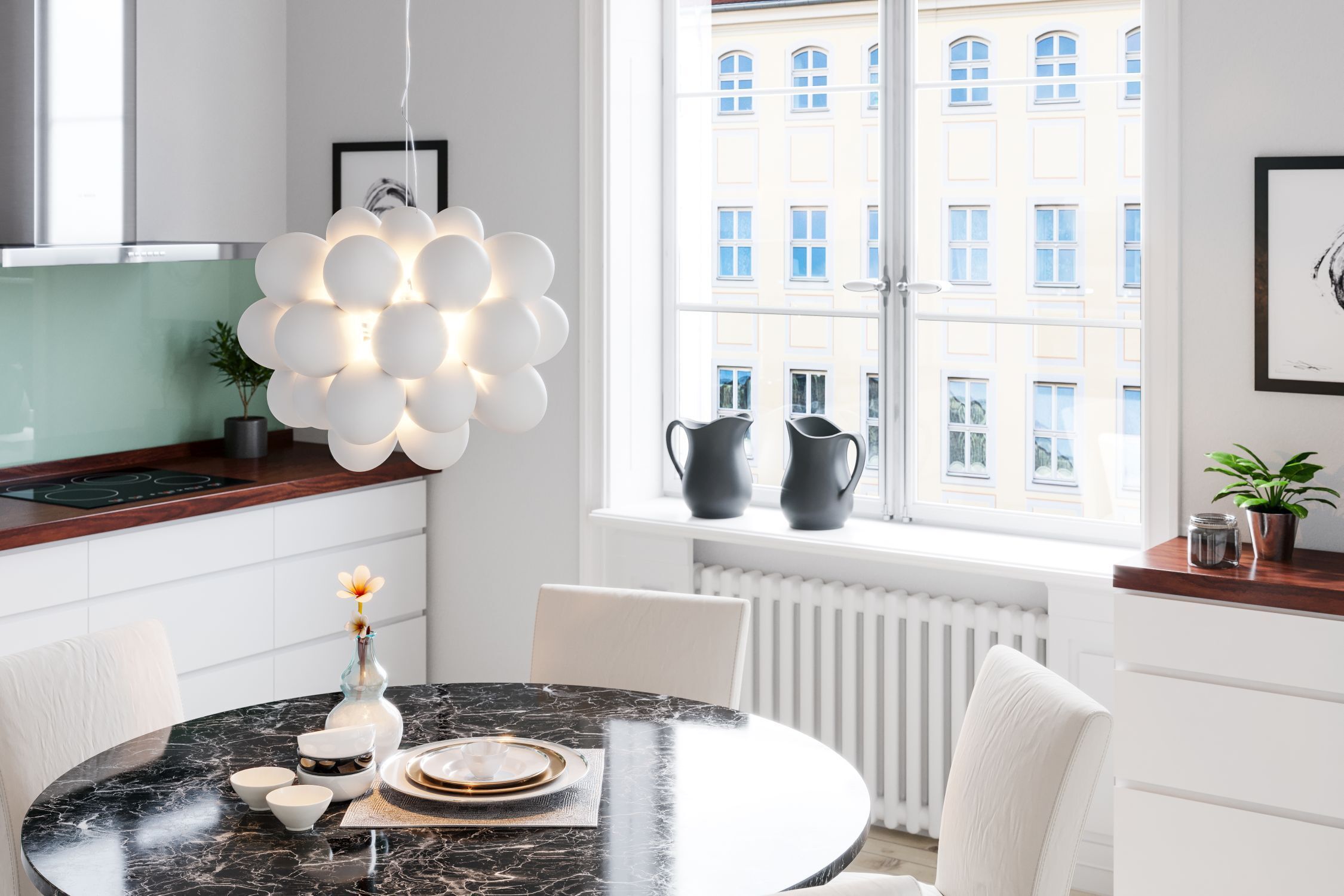 Deckenleuchte Glas Schirme B: 50 cm 8x G9 Modern Weiß Chrom Speisesaal, Esstisch, Tisch, Tischplatte, Innenarchitektur