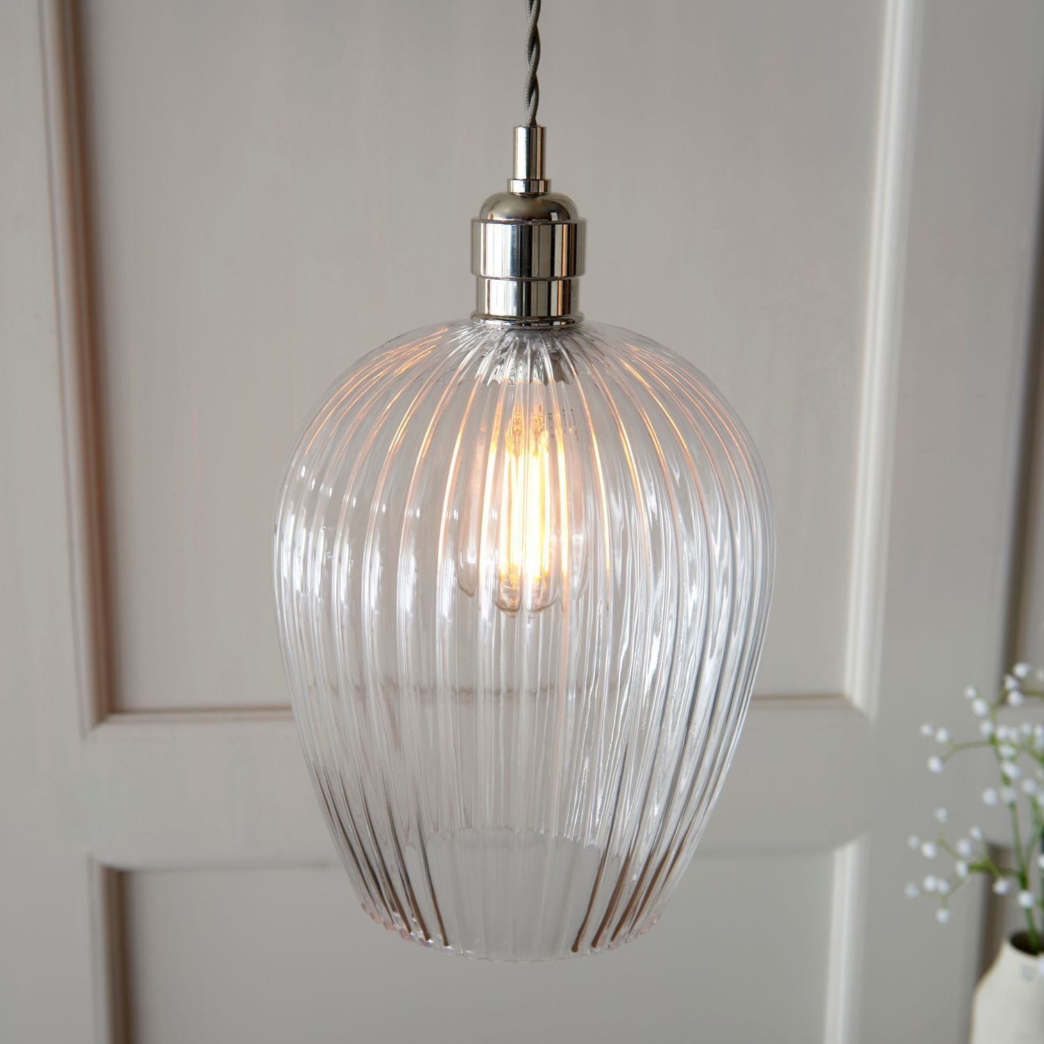 Hängelampe Riffelglas Metall Ø 21 cm Nickel glänzend E27