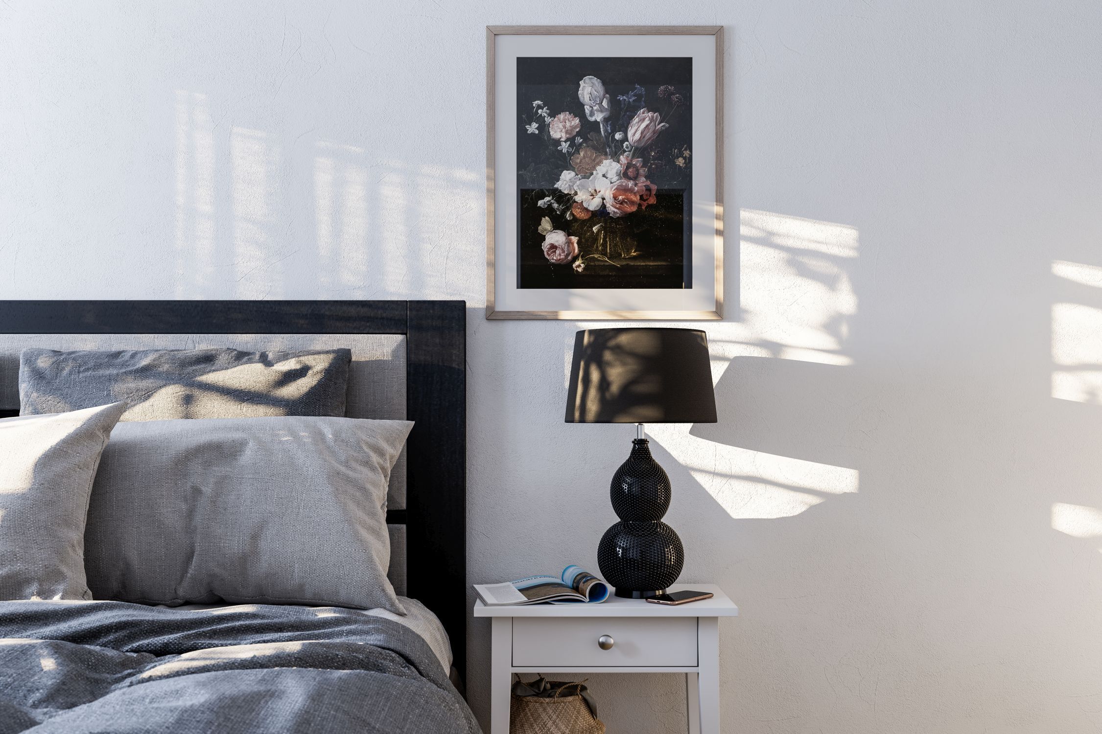 Tischleuchte Schwarz 56,5 cm hoch E27 Metall Stoff Modern Lampe, Kissen, Dekoration für Zuhause, Malerei