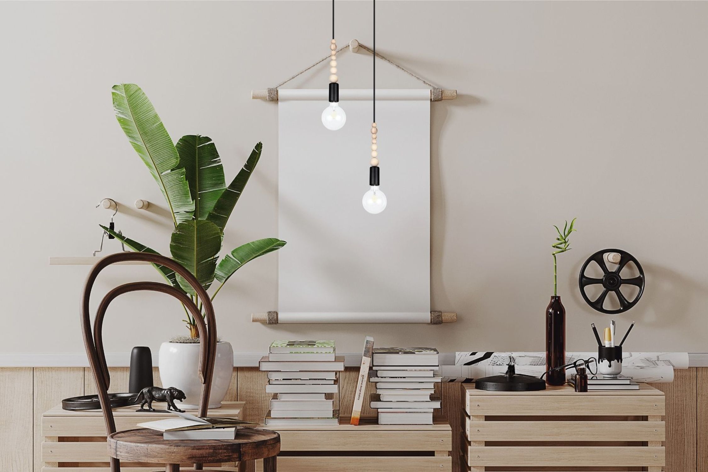 lampen, hängende beleuchtung, papierscroll, pflanze, wohnzimmerdeko