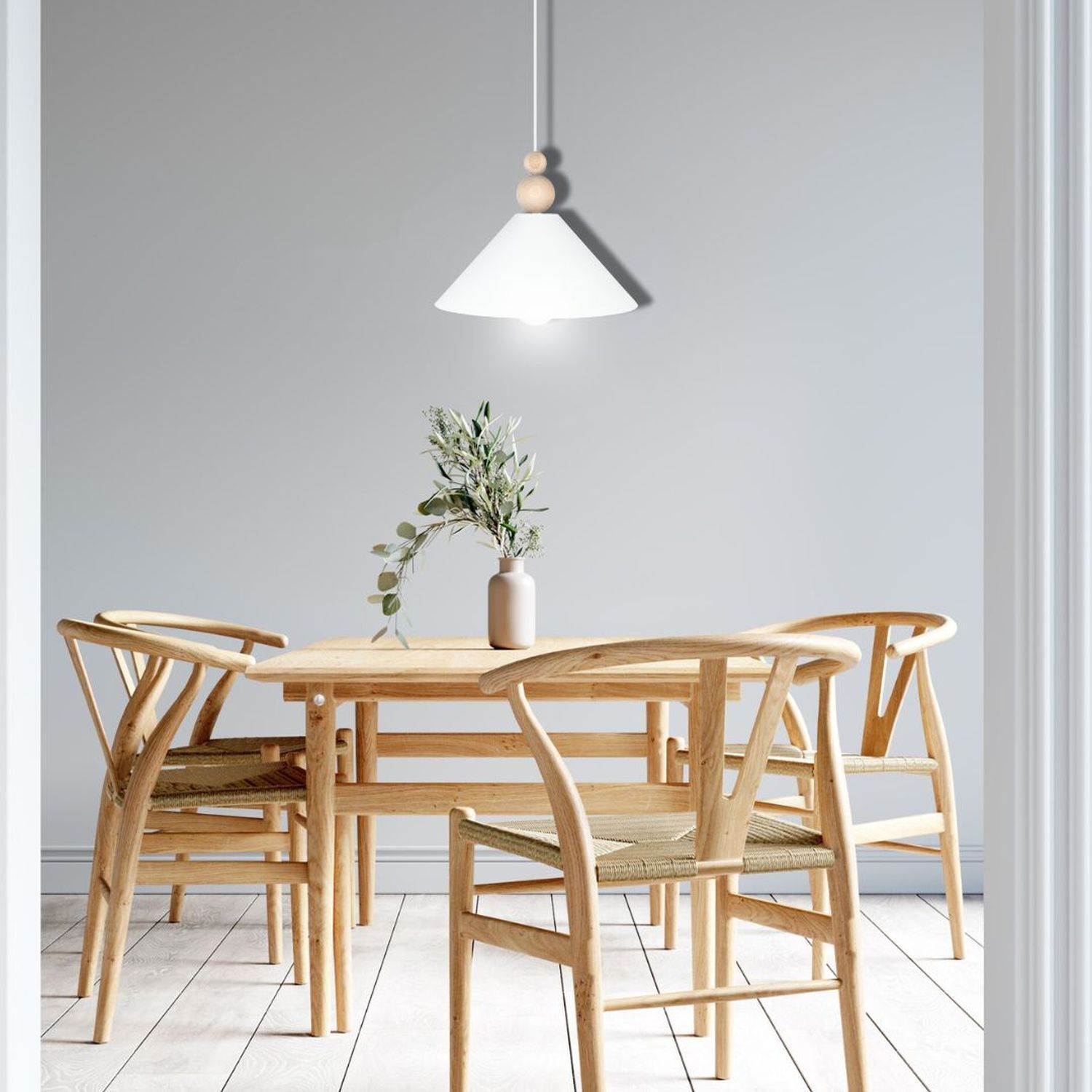 Weiße Hängeleuchte Holz Metall Ø26 cm rund E27 wohnlich Holztisch, Holzstühle, Esstischset, Helle Einrichtung, Leuchte