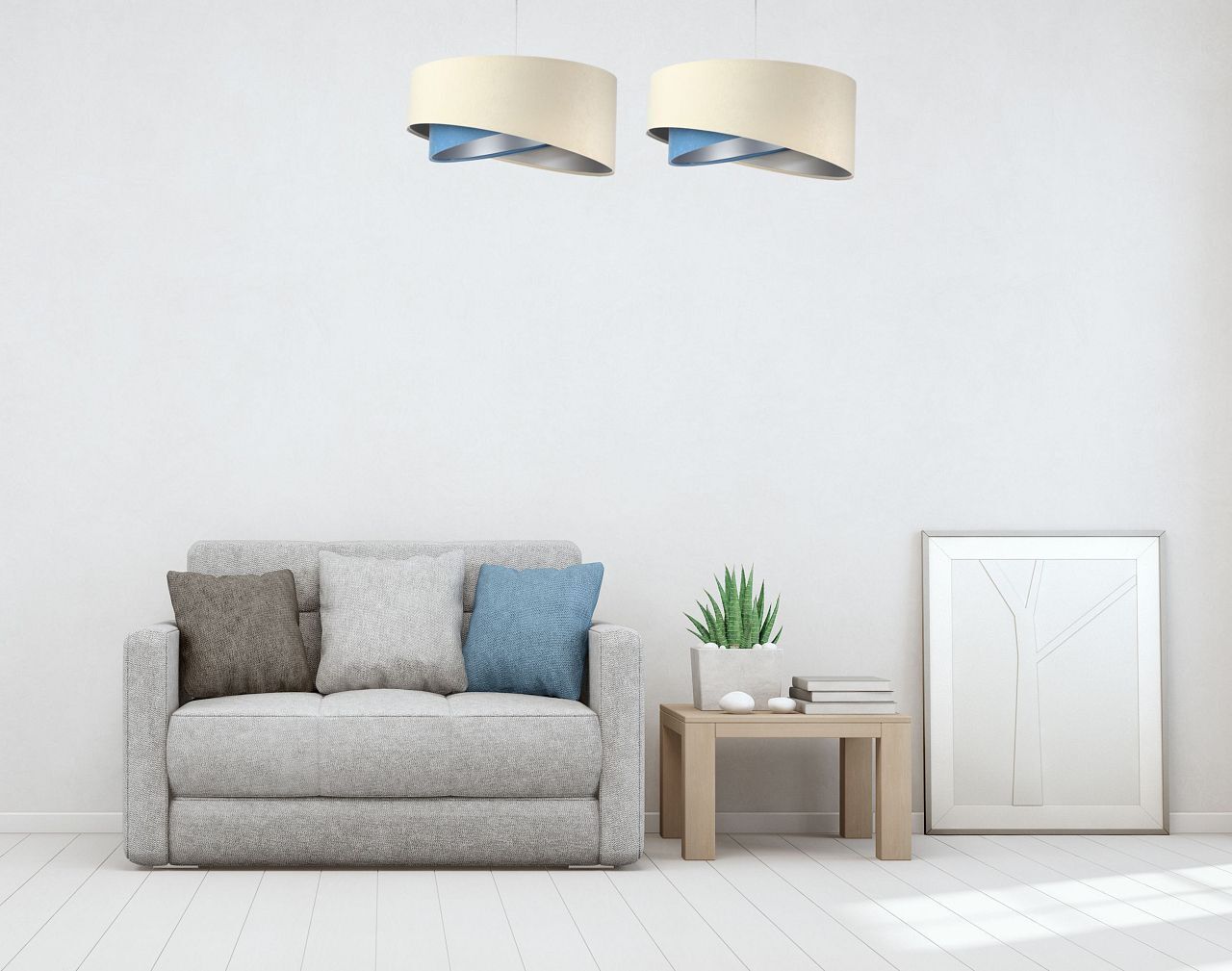 Hängelampe rund D: 50 cm Stoff Creme Blau Silber E27 Modern
