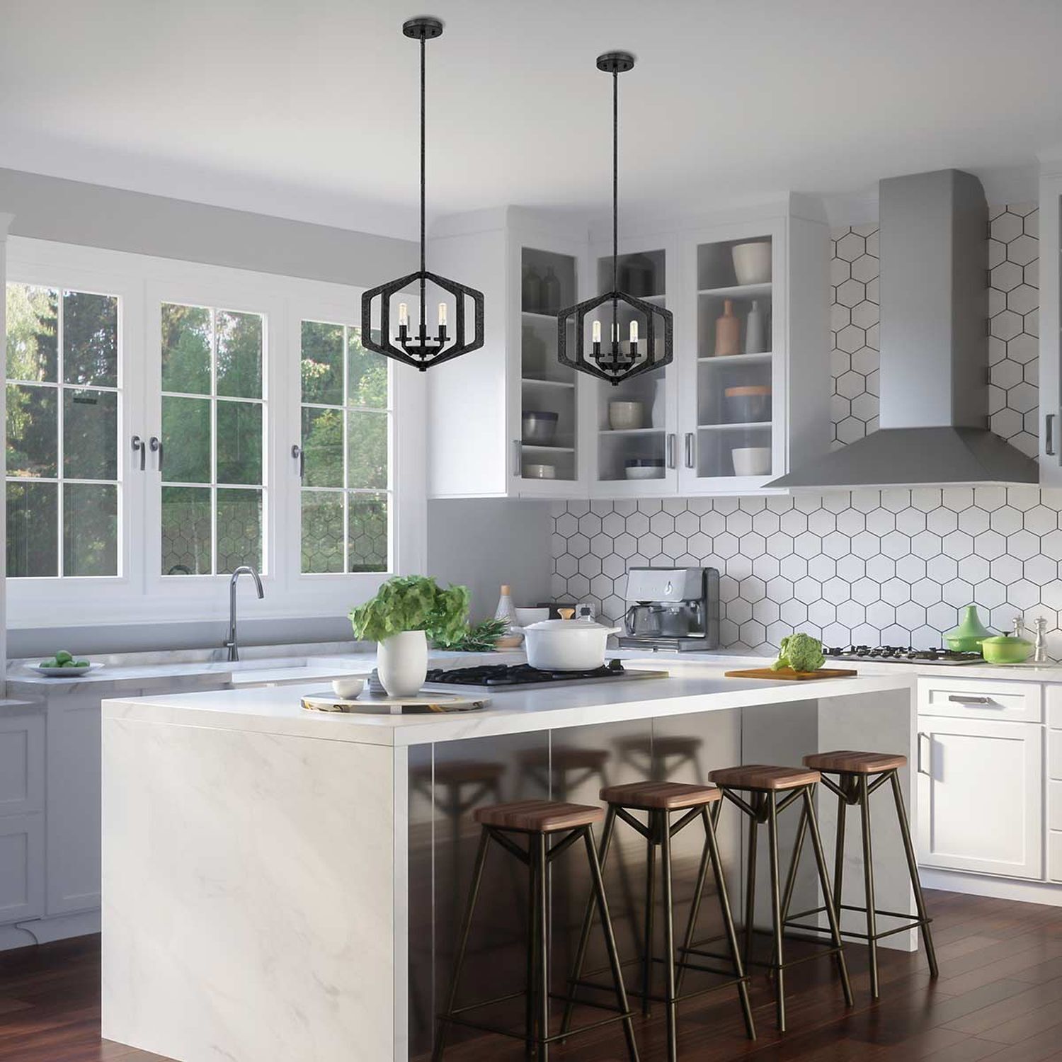 Küche, Insel, Pendelleuchte, Sechseckfliese, Hocker