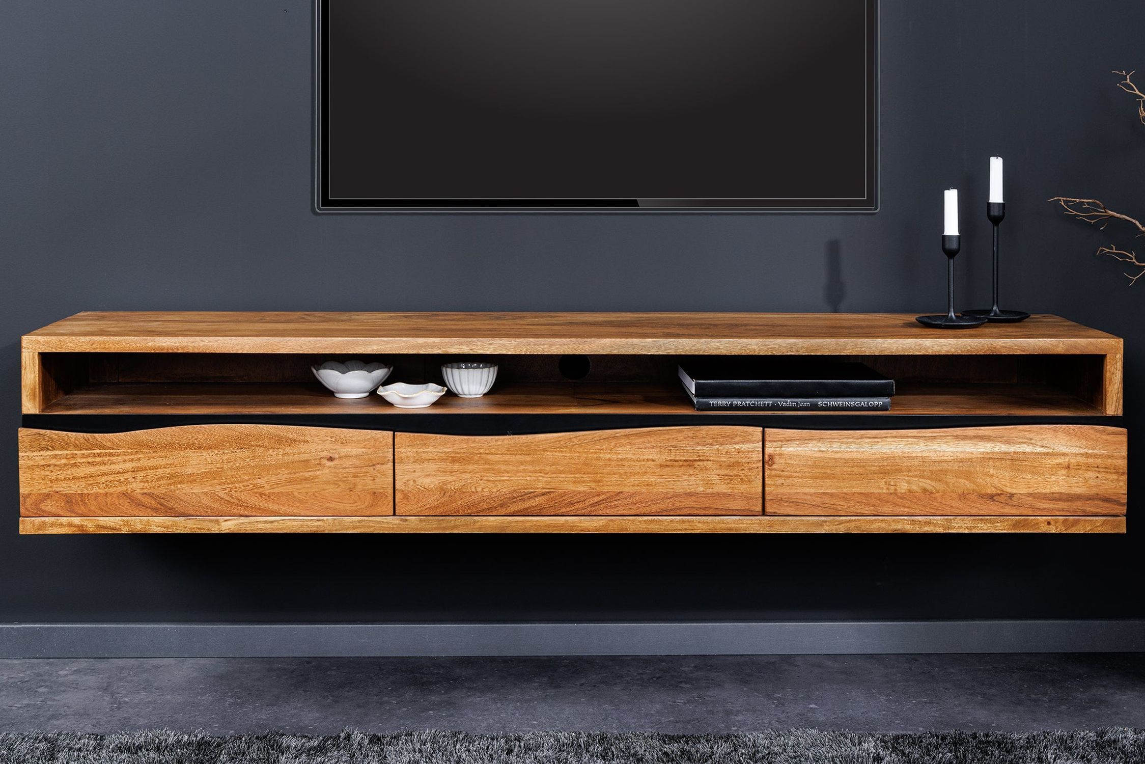 TV Hängeboard 160 cm Schubladen Baumkante Akazienholz