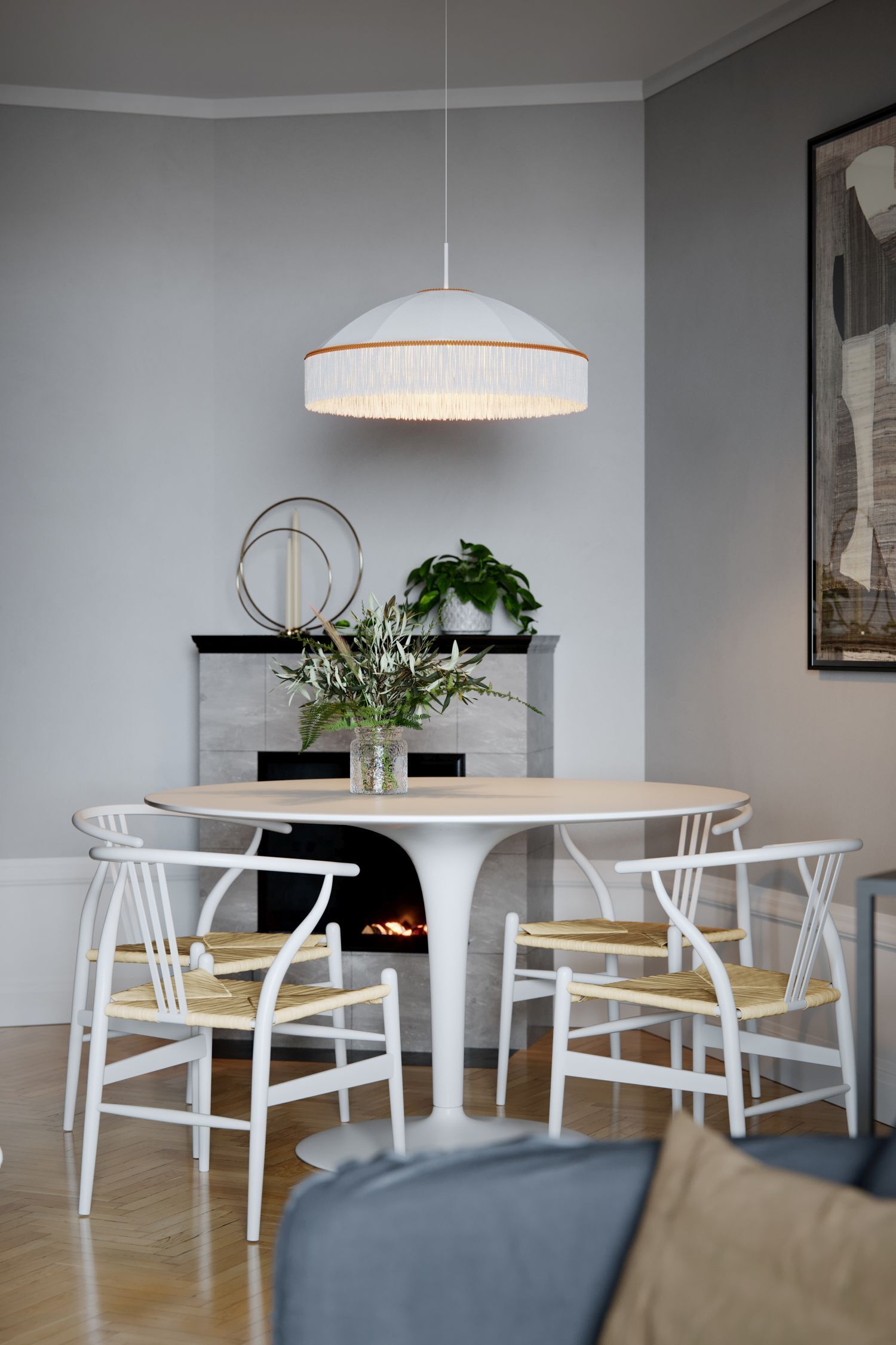 Pendelleuchte Weiß Gold Ø 60 cm Stoffschirm Fransen E27 Esszimmer, Tisch, Stühle aus Rattan, Pendelleuchte, Pflanze