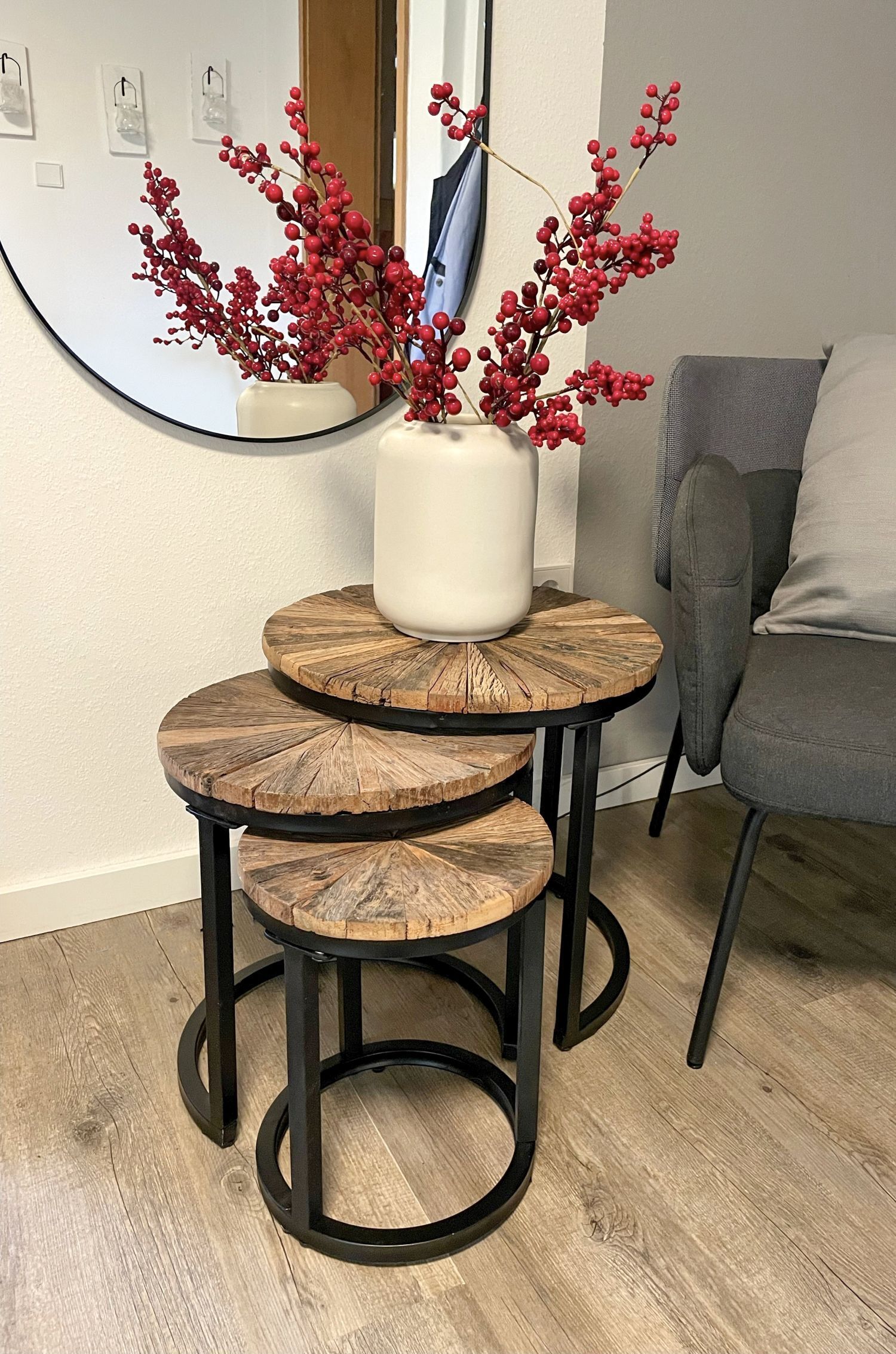 3er Set Beistelltische Holz Stahl Ø 28/38/46cm rund