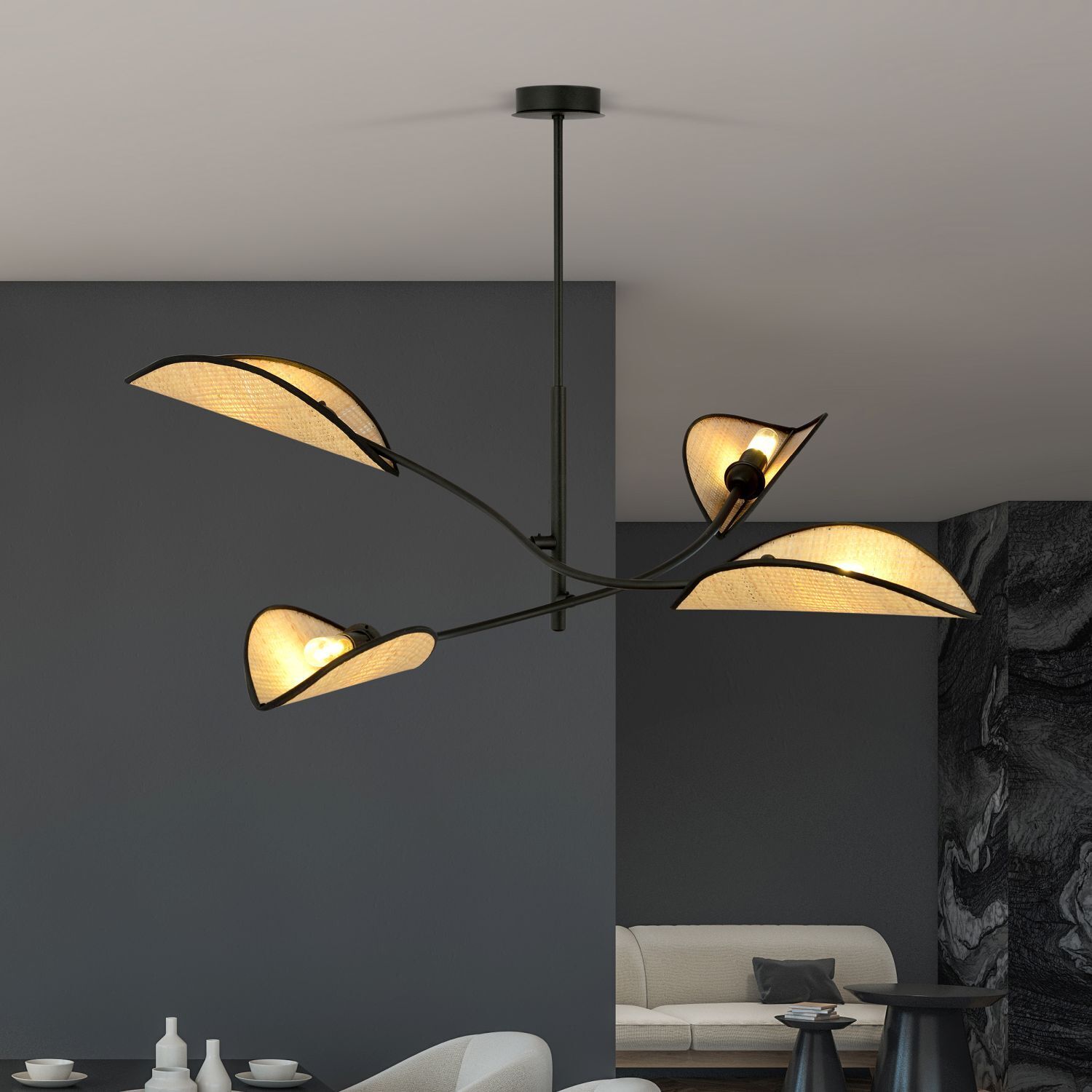 Deckenleuchte drehbar L: 102 cm Rattan Metall 4-flammig E14