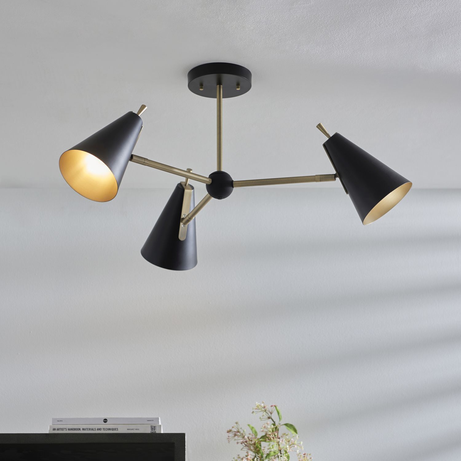 Deckenlampe Metall B: 83 cm in Schwarz Messing 3-flammig E14