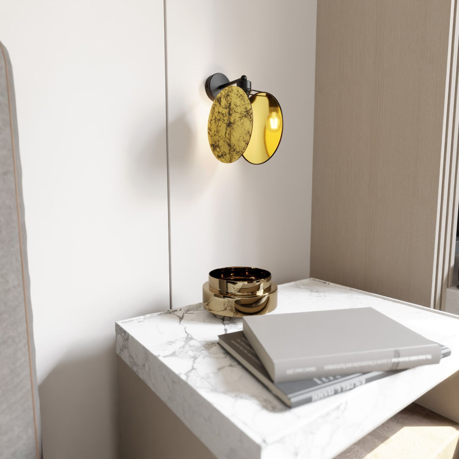 Wandlampe Stoff Metall Ø 20 cm Steinoptik Schwarz Gold E27