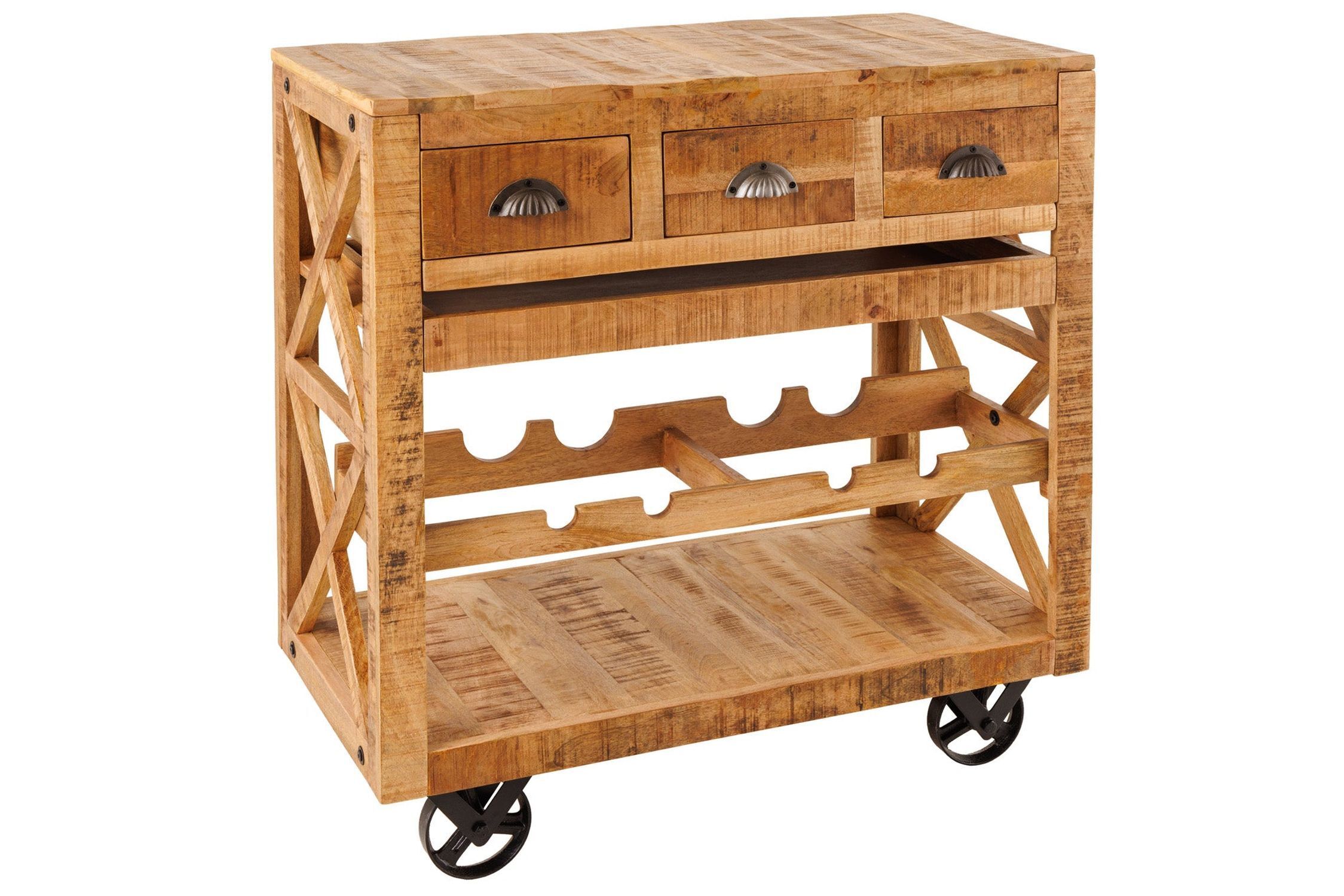 Barschrank mit Rollen Mangoholz massiv B: 86 cm Industrial