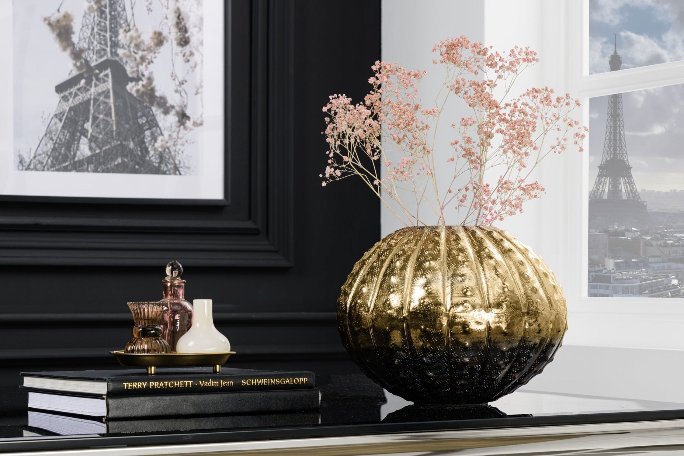 Vase Metall rund Ø 30 cm Hammerschlag in Gold Handarbeit Blume, Blumen-Arrangement, Pflanze, Glas, Töpferei