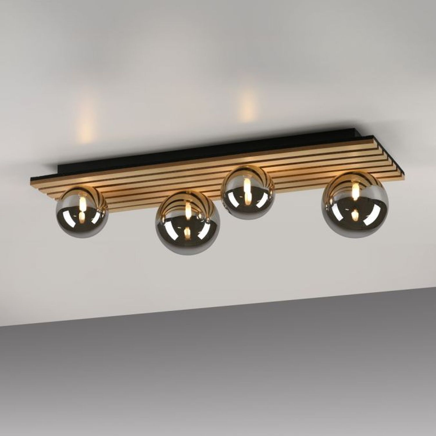Wohnliche Deckenlampe Glaskugeln Holz G9 80 cm Natur