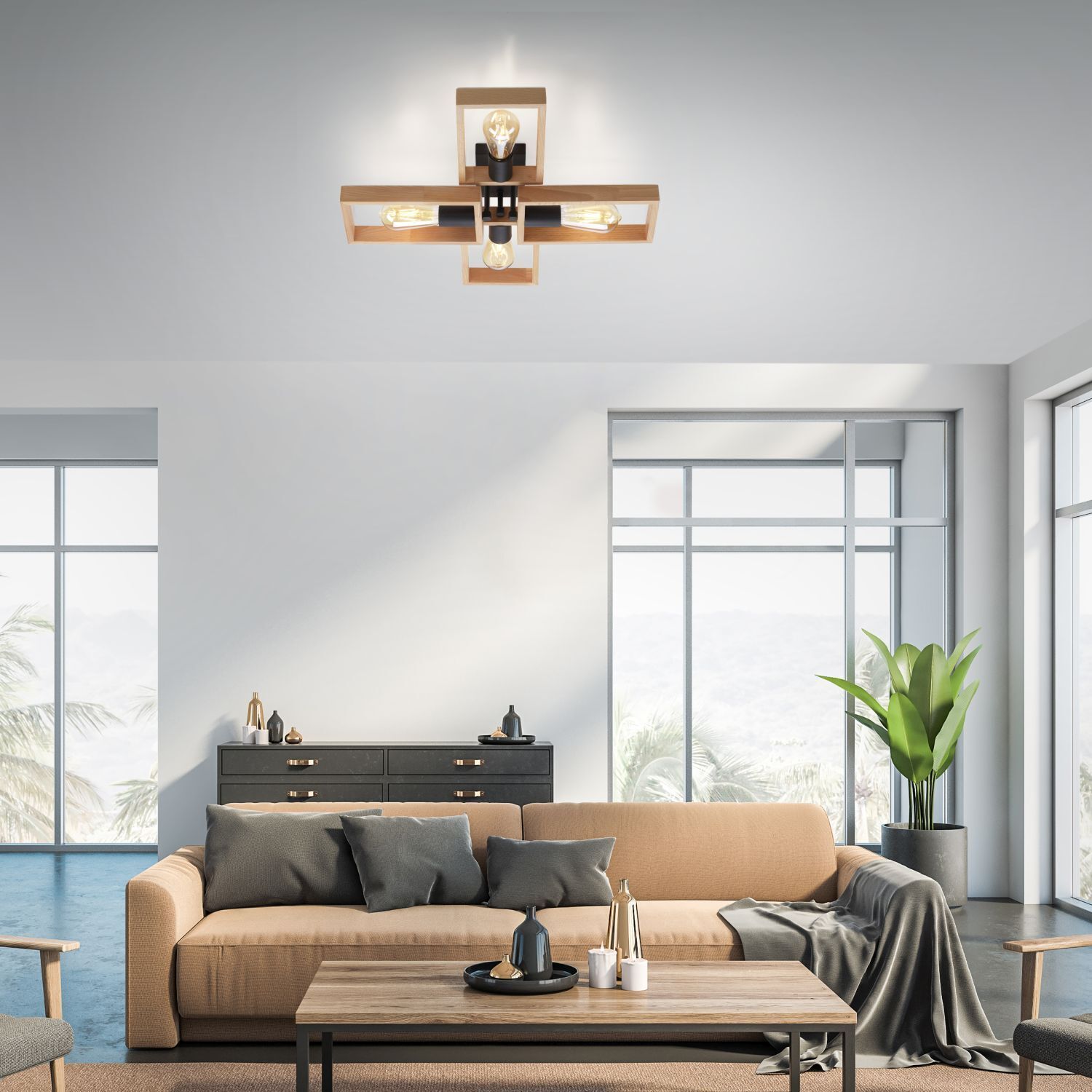 Natürliche Deckenlampe Retro Holz Metall L:62 cm E27