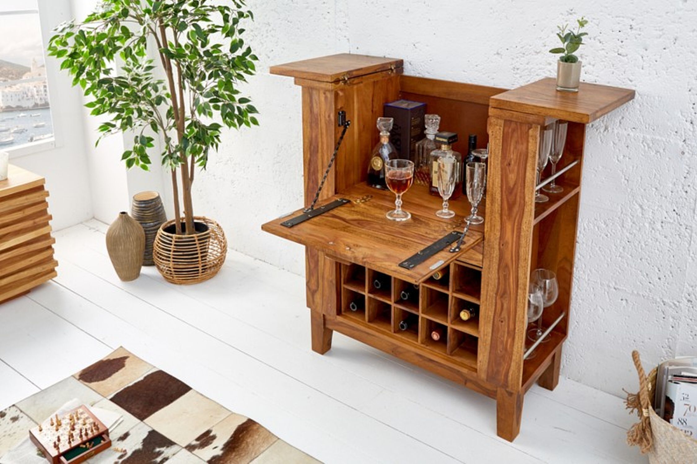 Barschrank Sheesham Holz Handarbeit in Braun