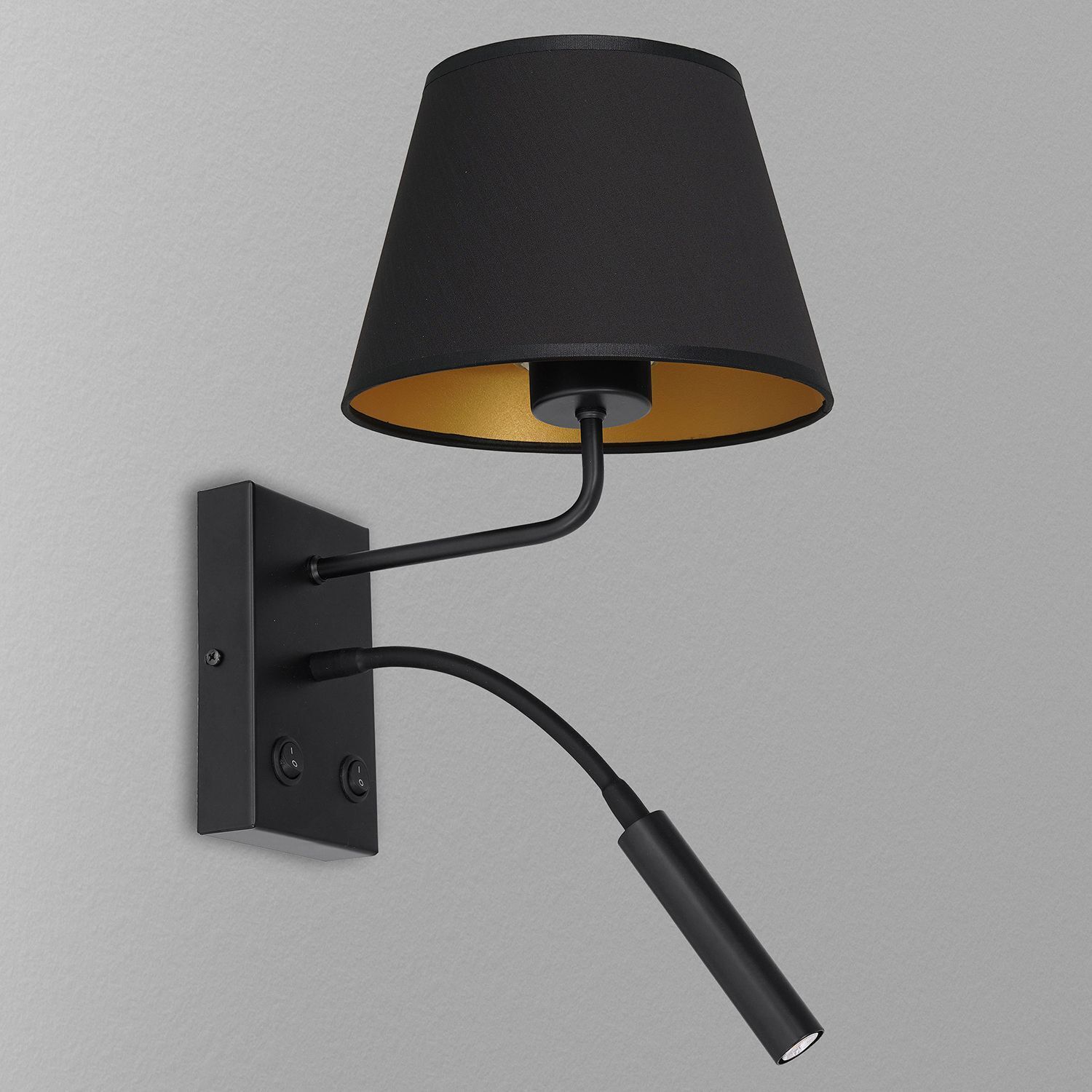 Wandleuchte Schwarz Gold Stoff konisch Lesearm E27 G9 Lampe, Lampenschirm