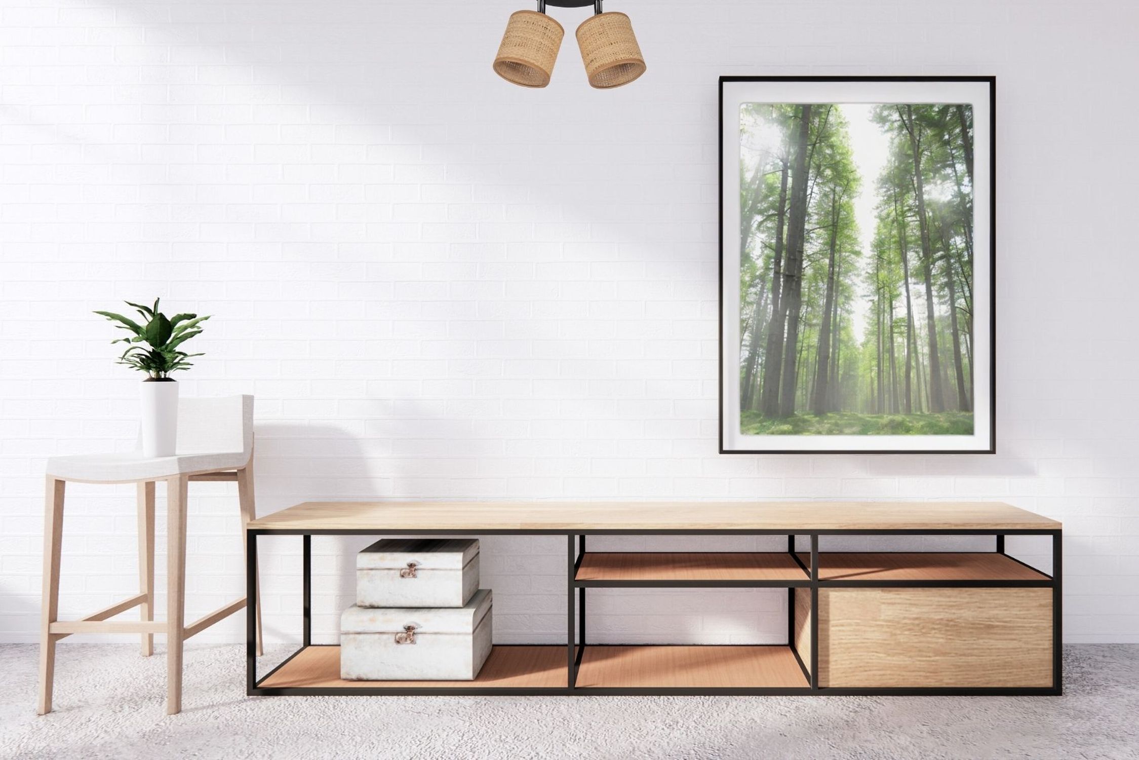 Flexibler Deckenstrahler Stoff blendarm Braun 2-flammig low table, tv stand, wooden shelf, black metal frame, decorative storage