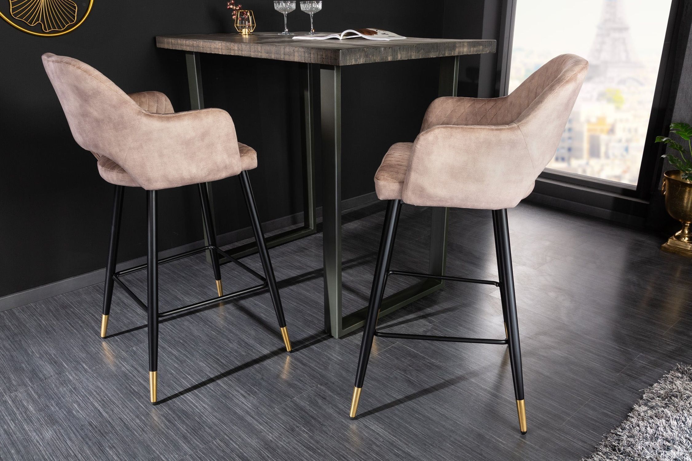Tresenhocker Samt Metall in Greige Schwarz Gold Retro