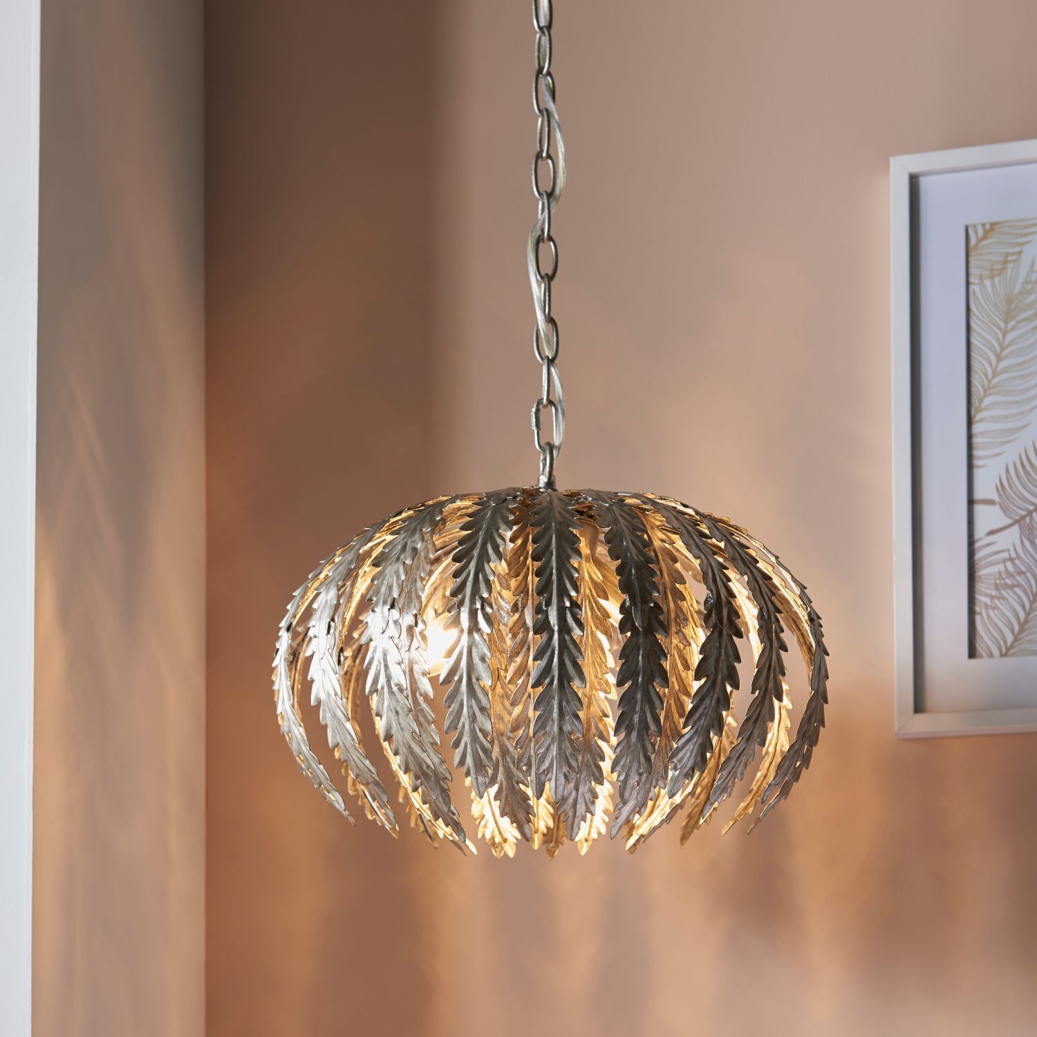 Hängeleuchte Metall Ø 45 cm rund Blattsilber 3x E14 Floral