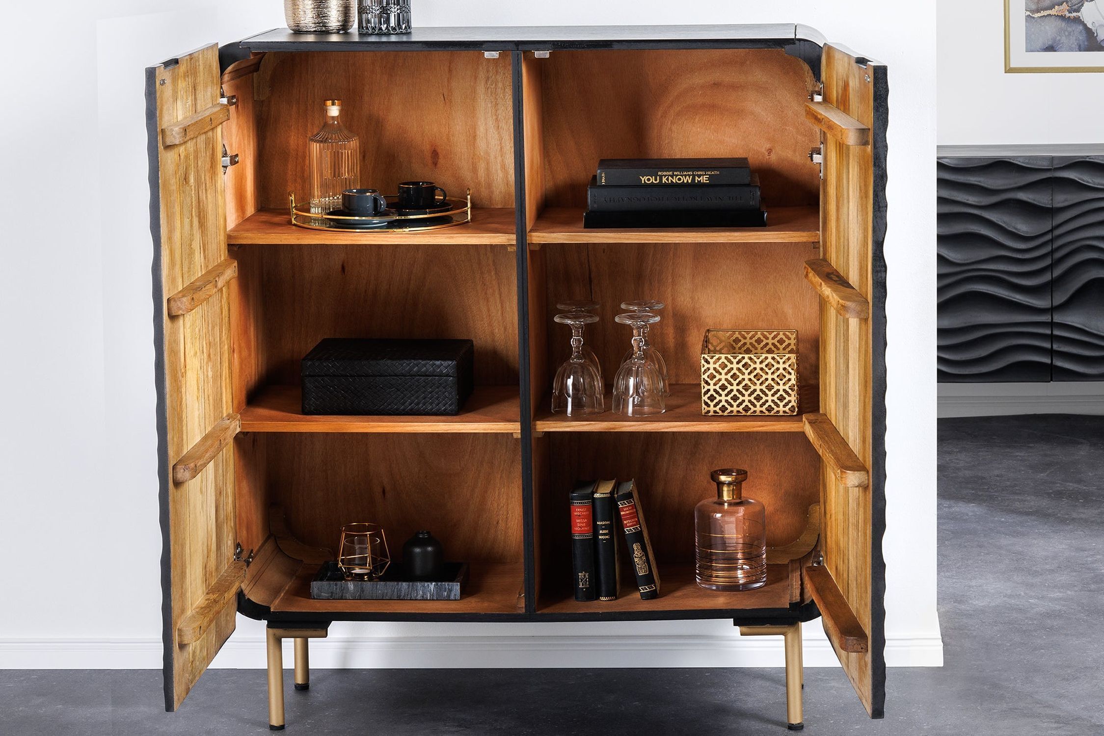 Highboard Schwarz Gold 2 Türen 100 x 120 cm Handarbeit Holz, Innenarchitektur, Mobiliar, Anrichte, Hartholz