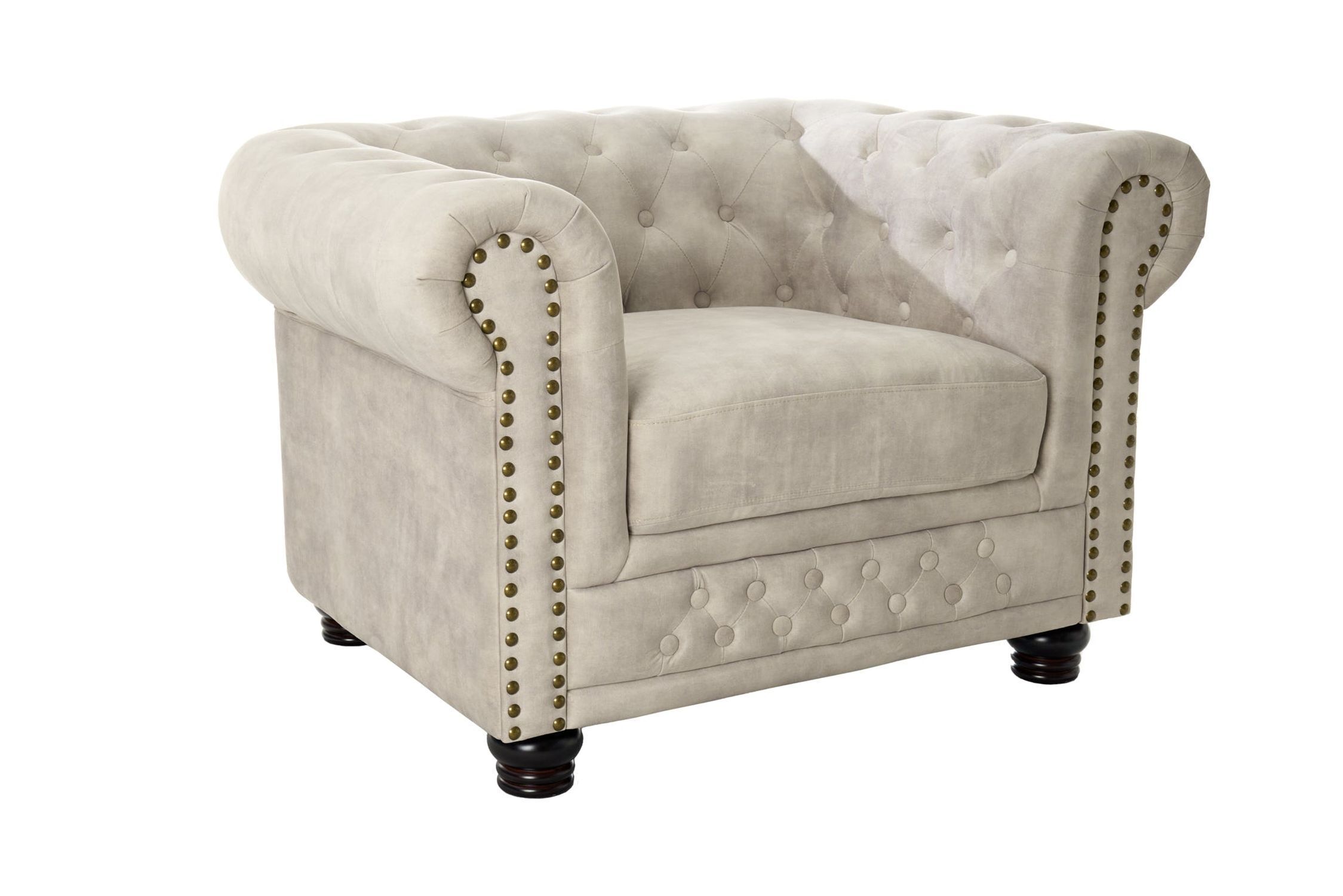 Sessel Samt Holz in Creme Beige Braun B: 110 cm Chesterfield Moebel, Stuhl, Sessel, Couch