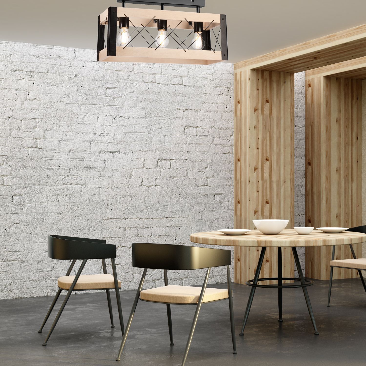 Deckenlampe Holz Metall Rustikal 3-flammig E27 Schwarz Natur Innenarchitektur, Esstisch, Restaurant, Speisesaal, Stuhl