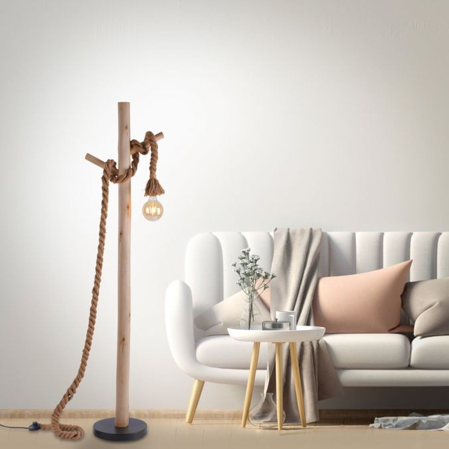 Vintage Stehleuchte E27 bis 15 W 150 cm Holz Tau Seil Lampe, Stehlampe