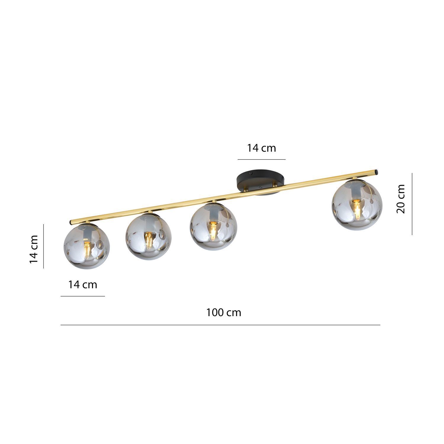 Deckenlampe 4-flammig 100 cm lang Kugelschirme Rauchglas