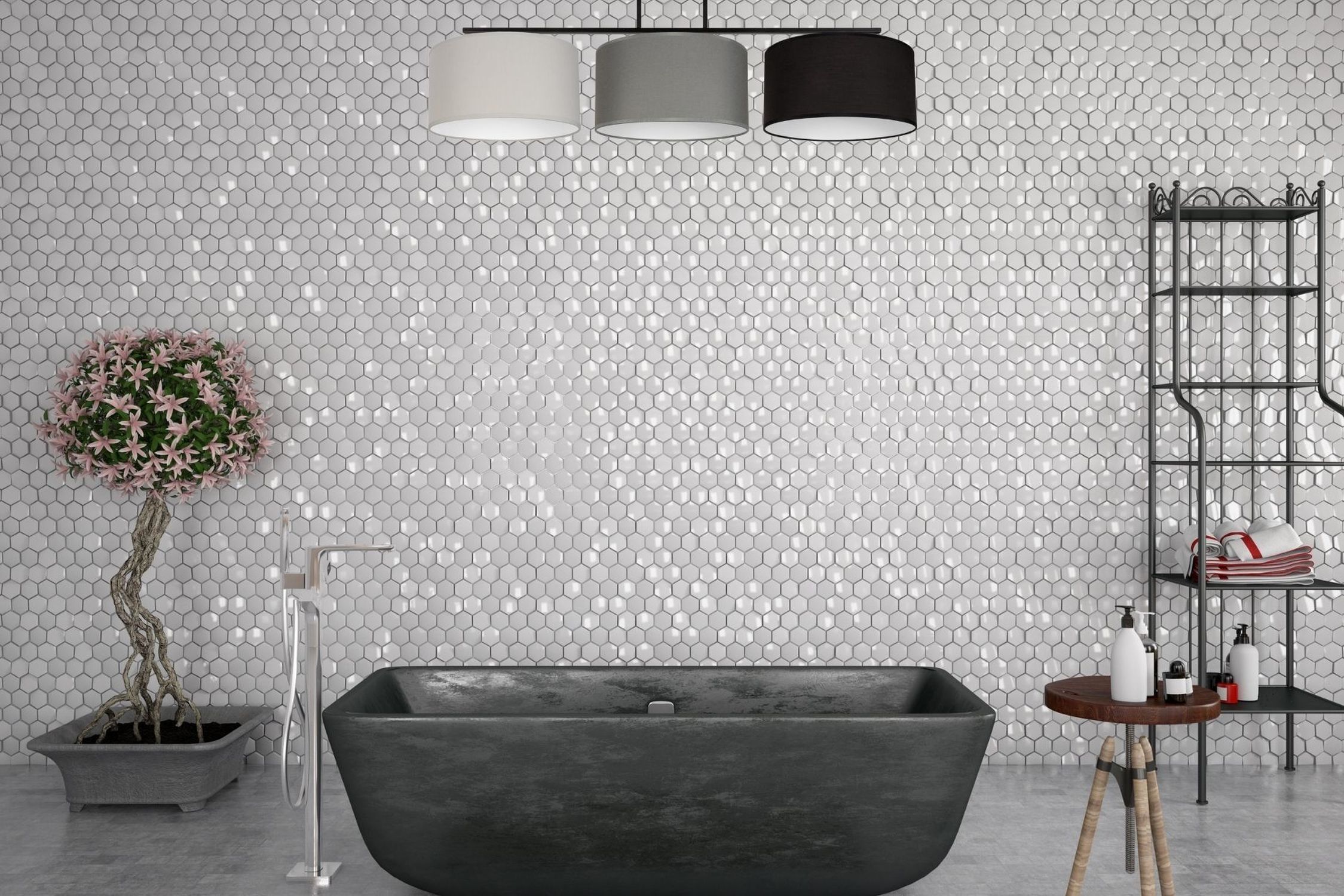 Lange Deckenlampe Stoff Grau Graphit Schwarz E27 100 cm Badewanne, freistehend, Betonbadewanne, Duschbad, Tegelmuster