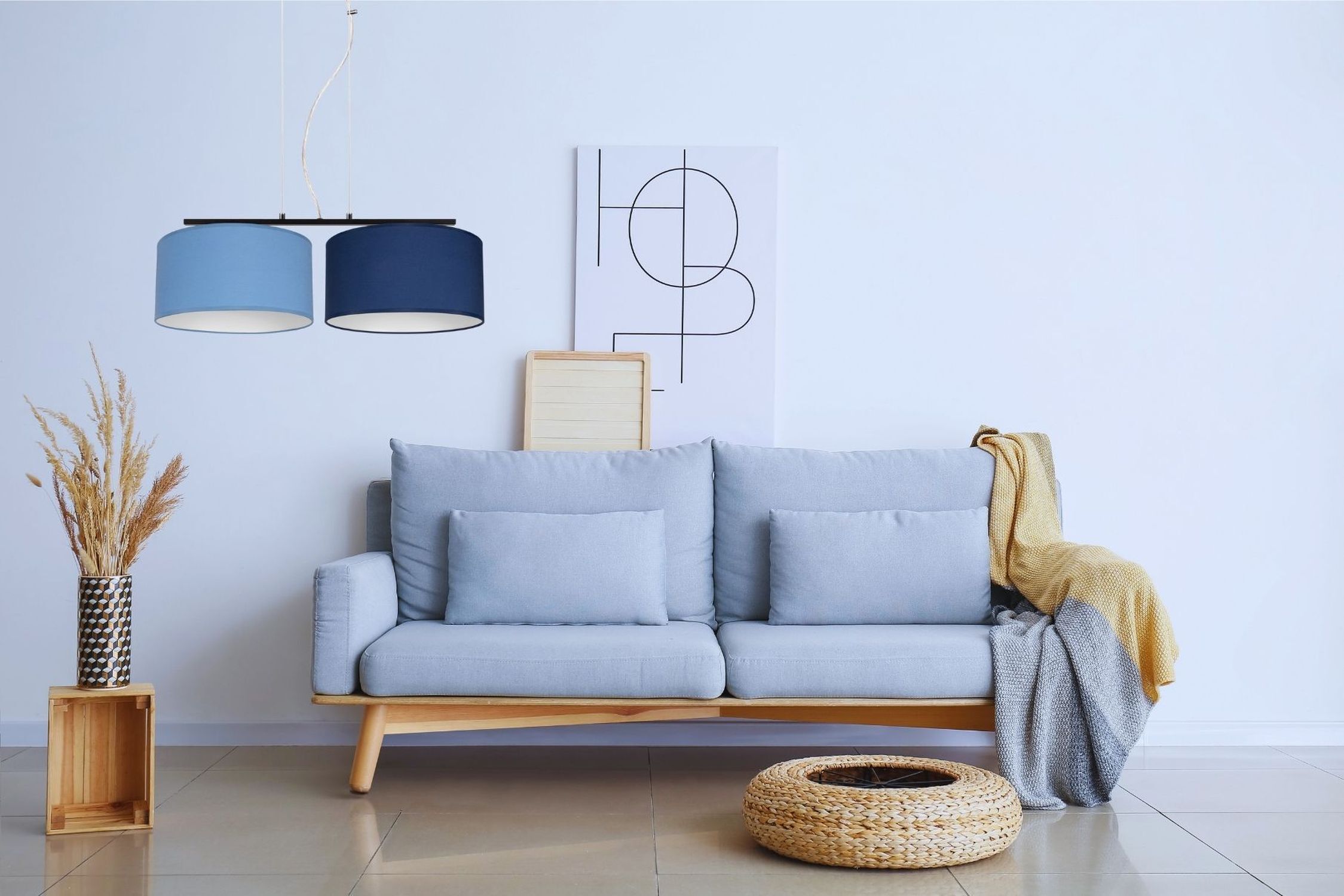 Längliche Hängelampe Stoff Schwarz Blau E27 L:70 cm