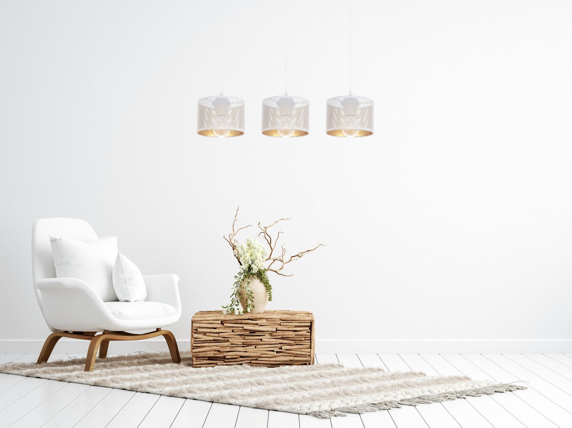 Hängelampe Metall Weiß Gold E27 3-flammig 65 cm lang Dekoration für Zuhause, Teppich, Innenarchitektur, Mobiliar, Stuhl