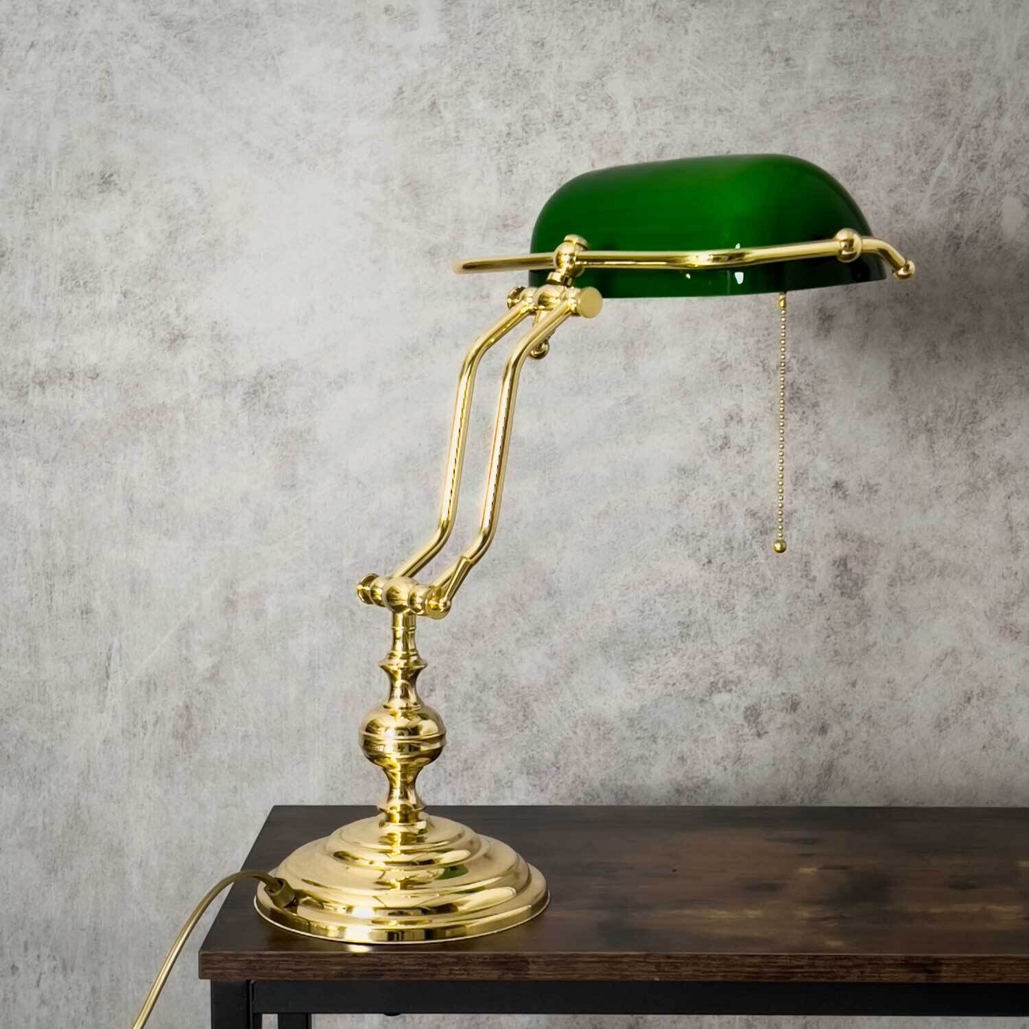 Bankerlampe Zugschalter 38 cm E27 Messing Glas Grün