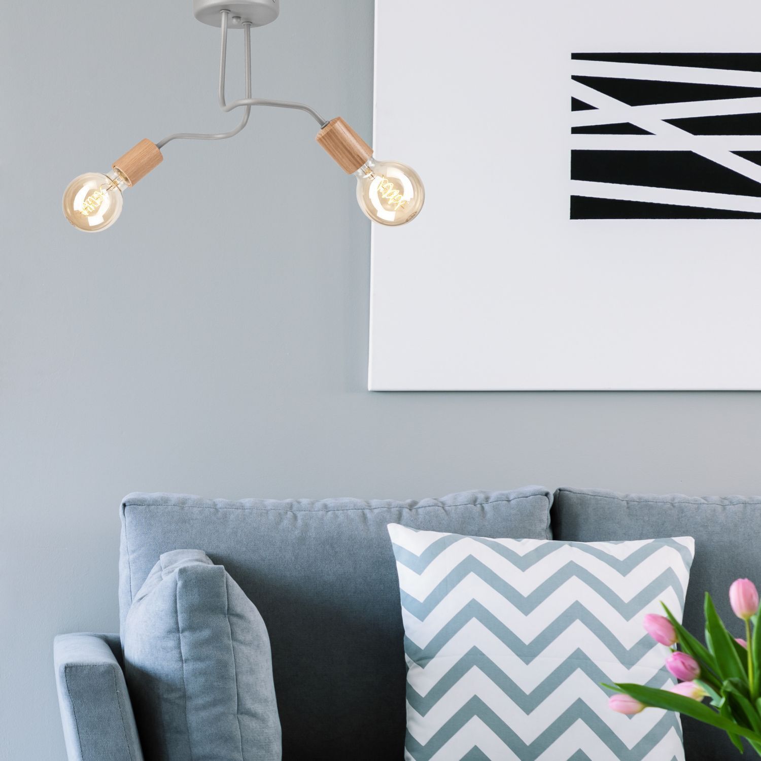 Deckenlampe Grau Metall Holz 2-flammig E27 B: 45 cm ANANI Deckenlampe Grau Metall Holz 2-flammig E27 B: 45 cm ANANI