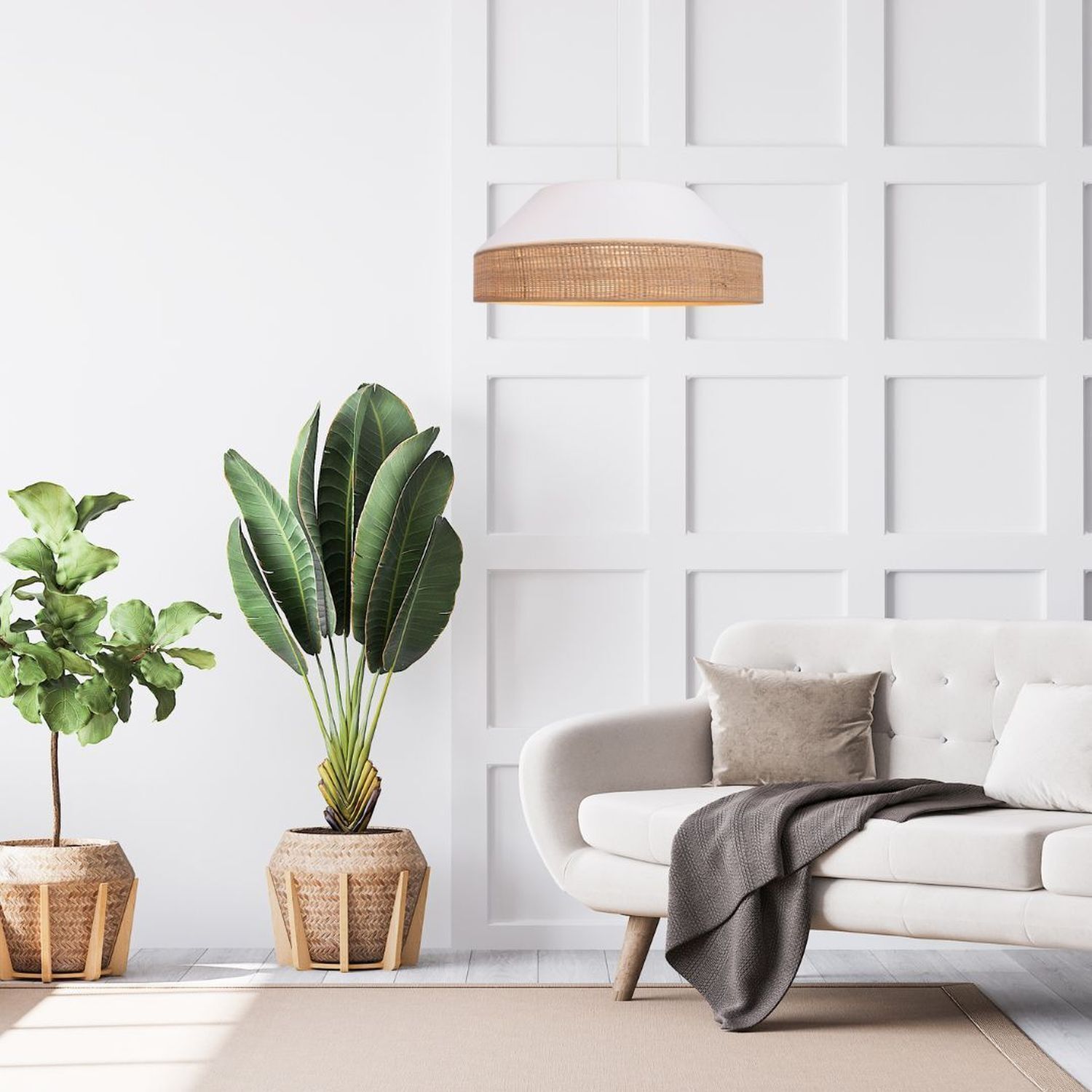 Blendarme Hängeleuchte Stoff Rattan E27 Ø45 cm wohnlich