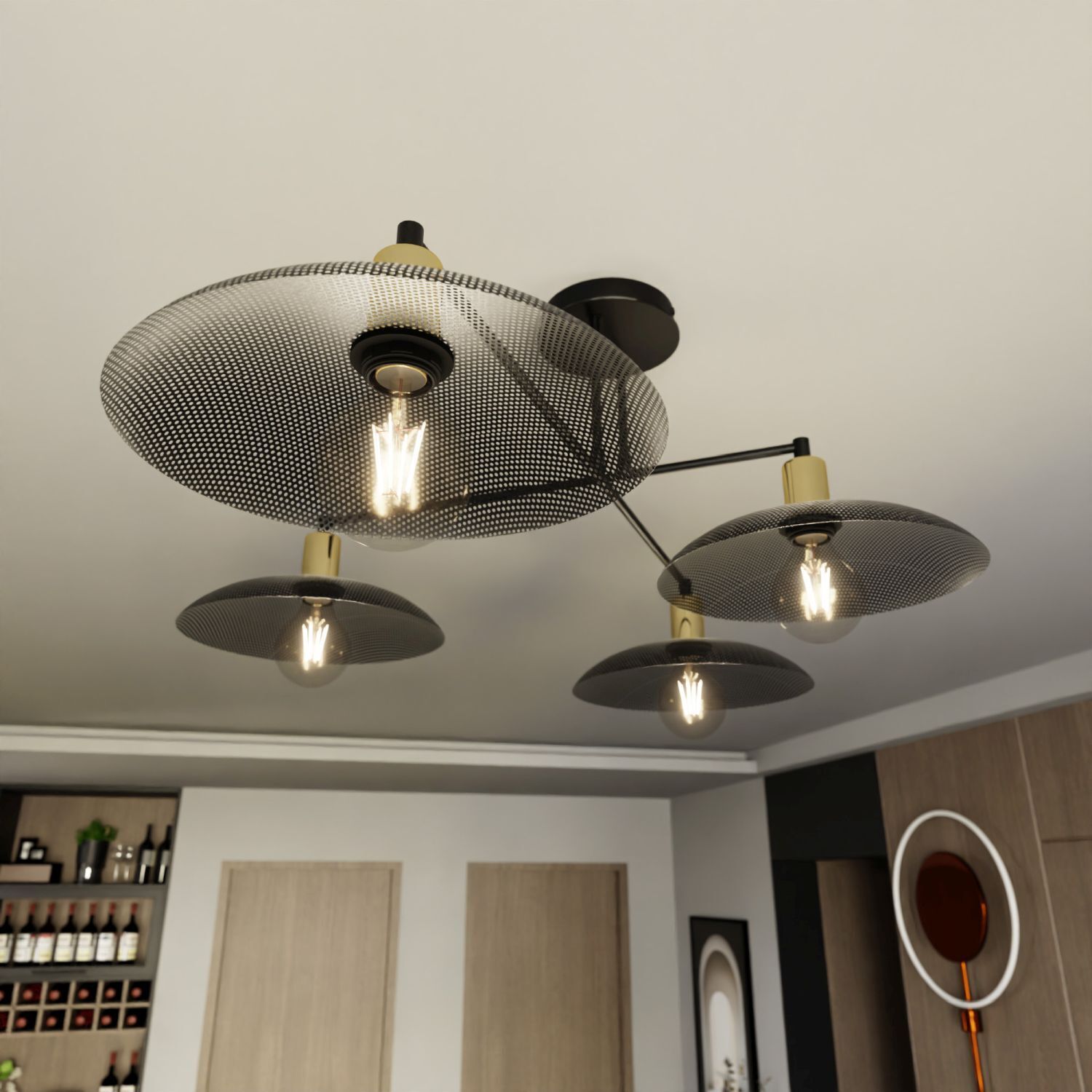 Deckenlampe groß 100 cm lang in Schwarz Gold 4x E27 Metall Leuchte, Kronleuchter, Lampe
