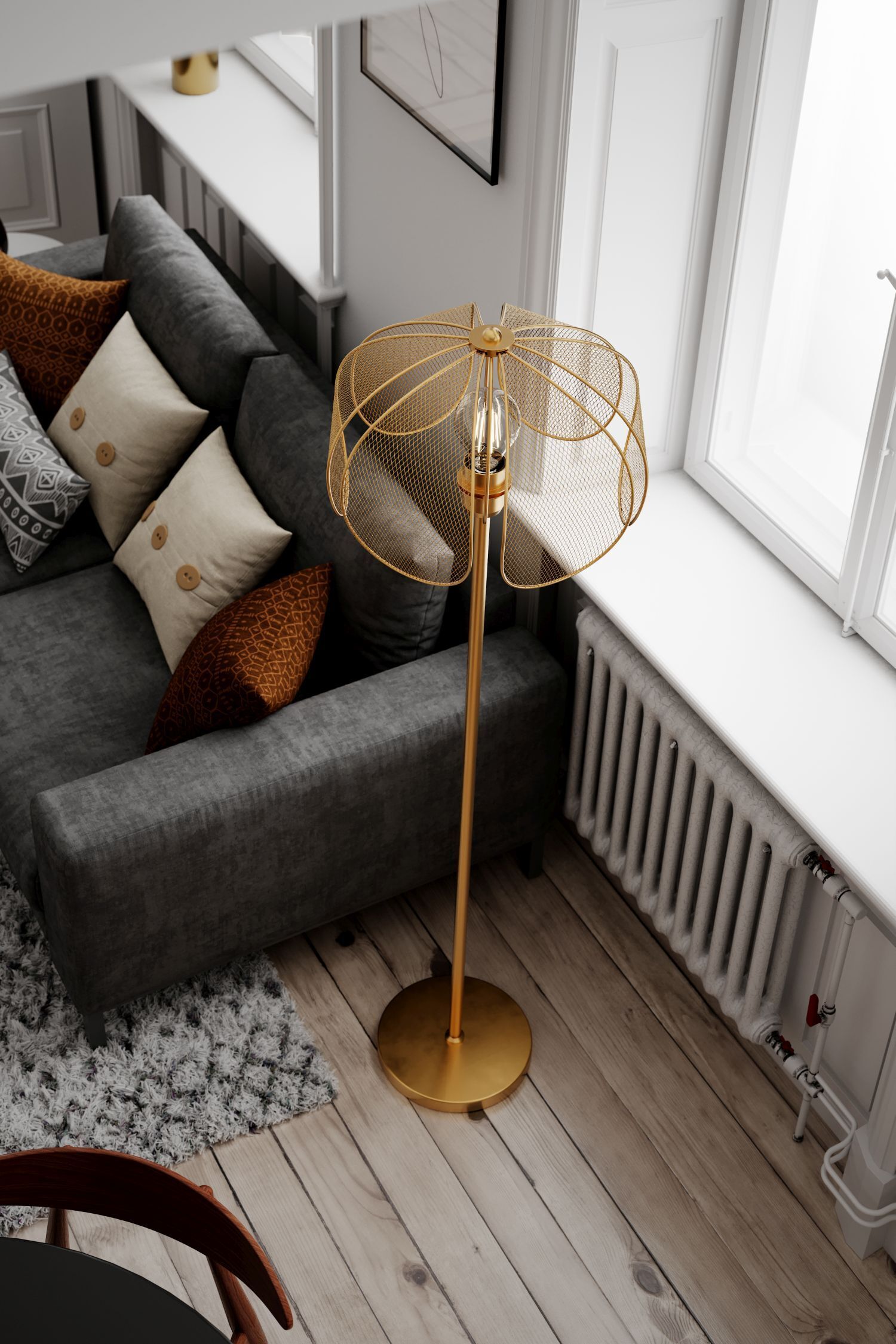 Stehleuchte, Gold, Mesh-Lampenschirm, Wohnzimmer, Lichtquelle