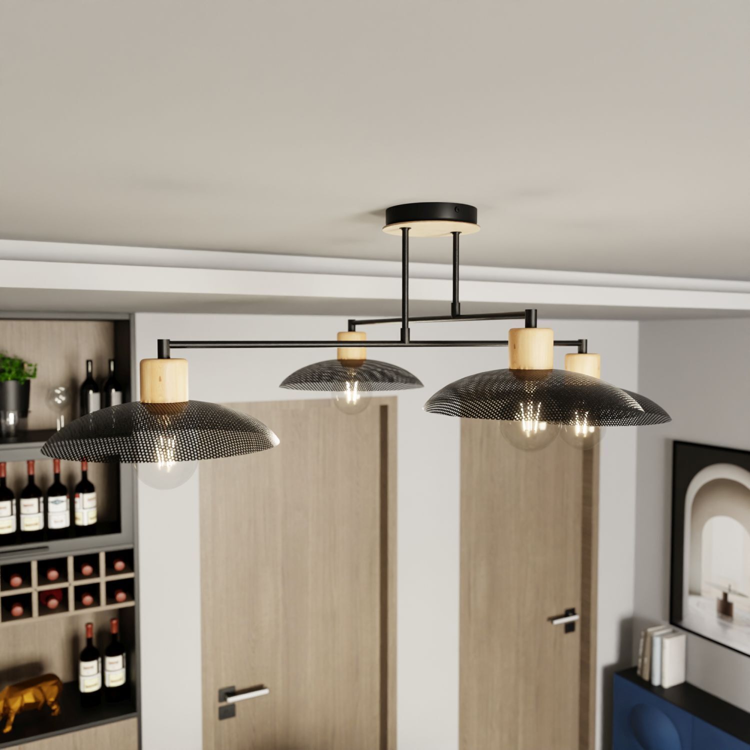 Deckenlampe Schwarz Holzoptik 100 cm lang Metall E27 4-flammig