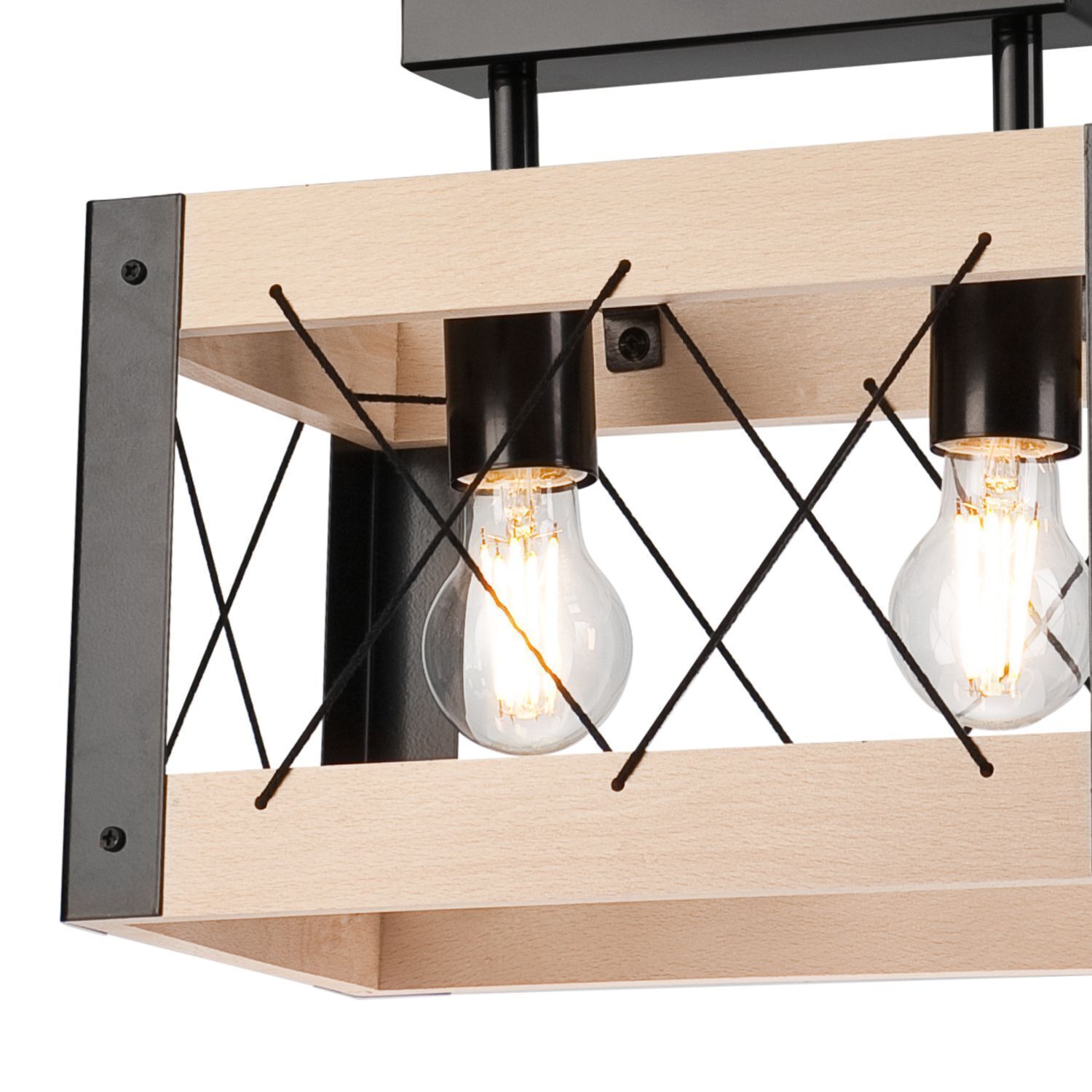 Deckenleuchte Holz Metall eckig 2x E27 Rustikal Schwarz Natur Licht