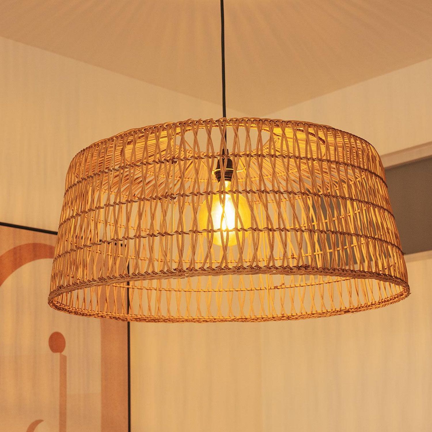 Pendelleuchte Rattan E27 groß Ø 79 cm rund in Natur Boho Lampe, Kronleuchter