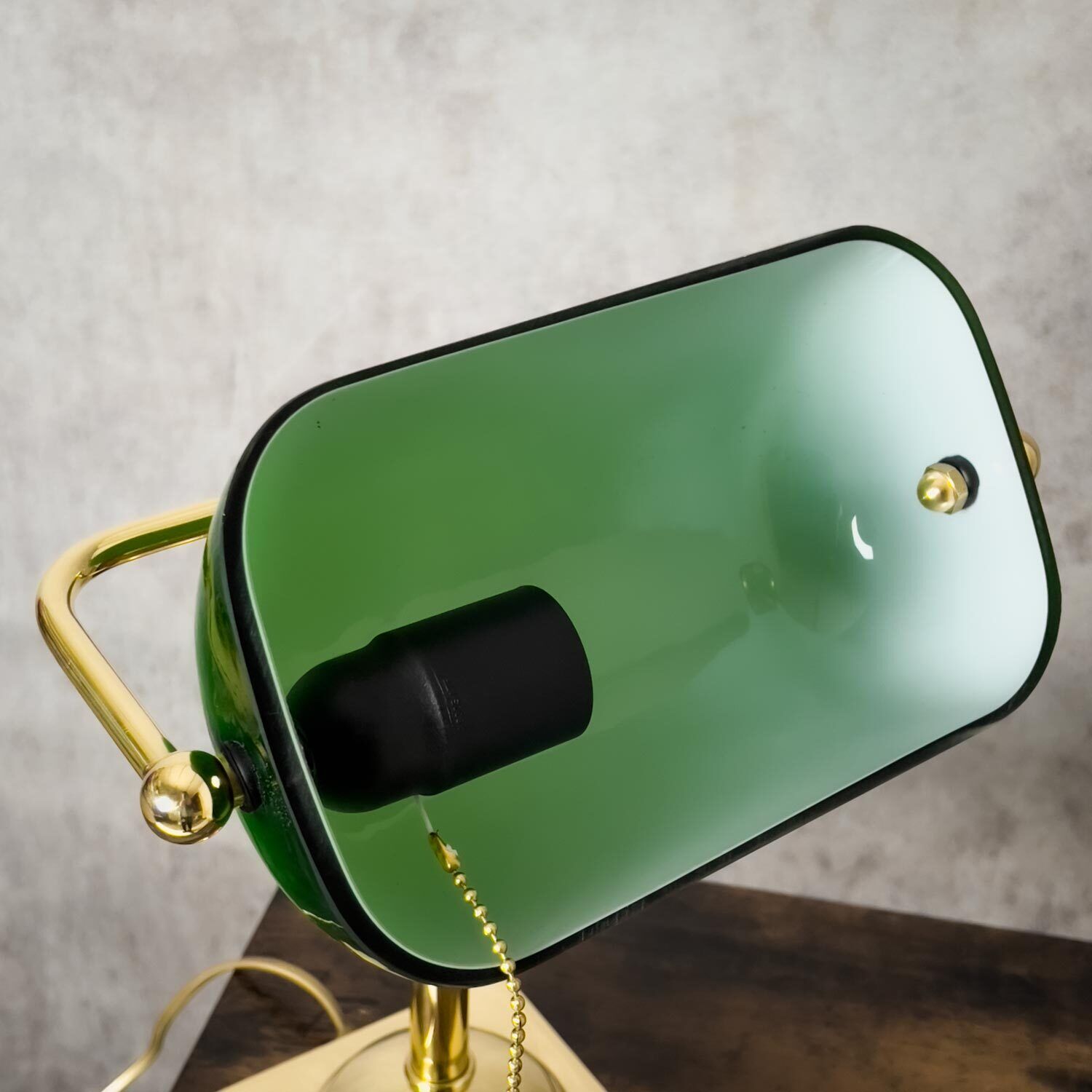 Bankerlampe E27 34 cm Messing Glas Zugschalter schwenkbar Lampe, Beleuchtung