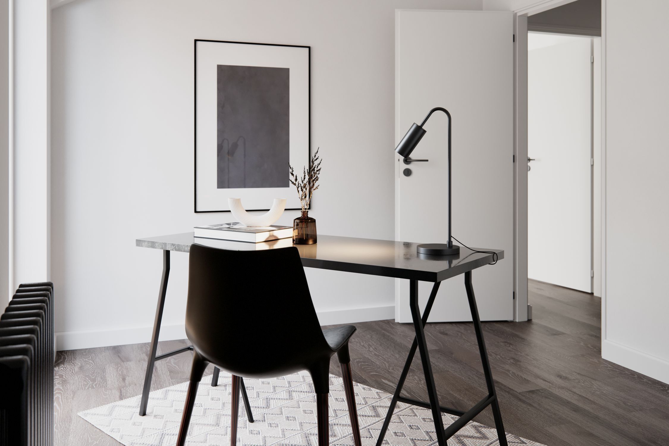 Schreibtischlampe Schwarz 51 cm hoch Metall GU10 home office, Schreibtisch, Lampe, schwarzer Stuhl, minimalistisch