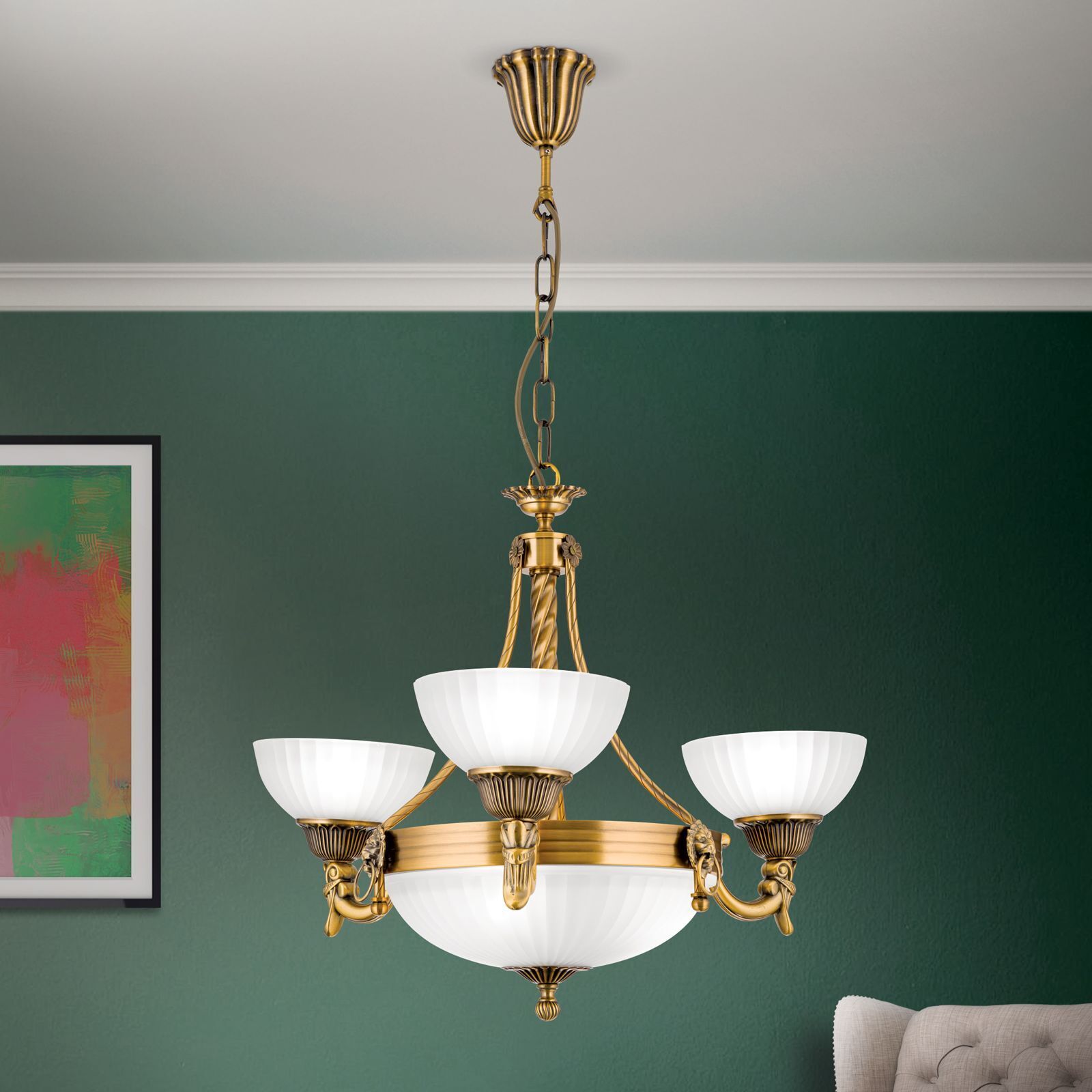 Kronleuchter, Gold, Deckenleuchte, Weißes Glas, Kette