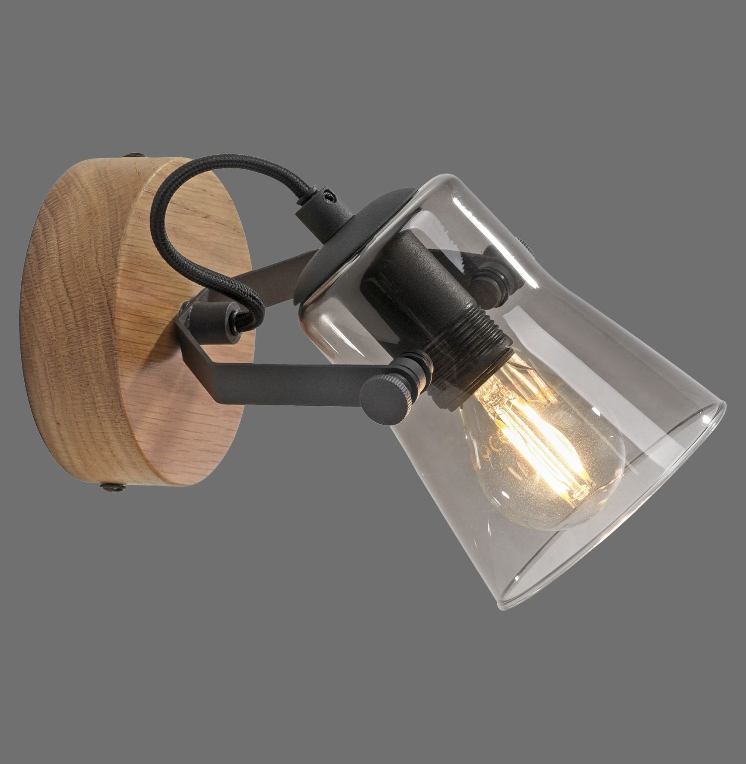 Flexibler Wandstrahler Glas Eiche E14 T:10 cm Rauchgrau