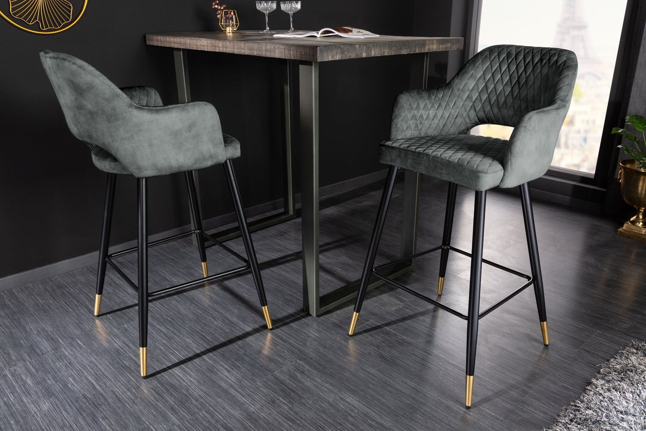 Tresenstuhl Samt Metall Retro in Schwarz Grün-Grau Fußboden, Mobiliar, Innenarchitektur, Tabelle, Stuhl