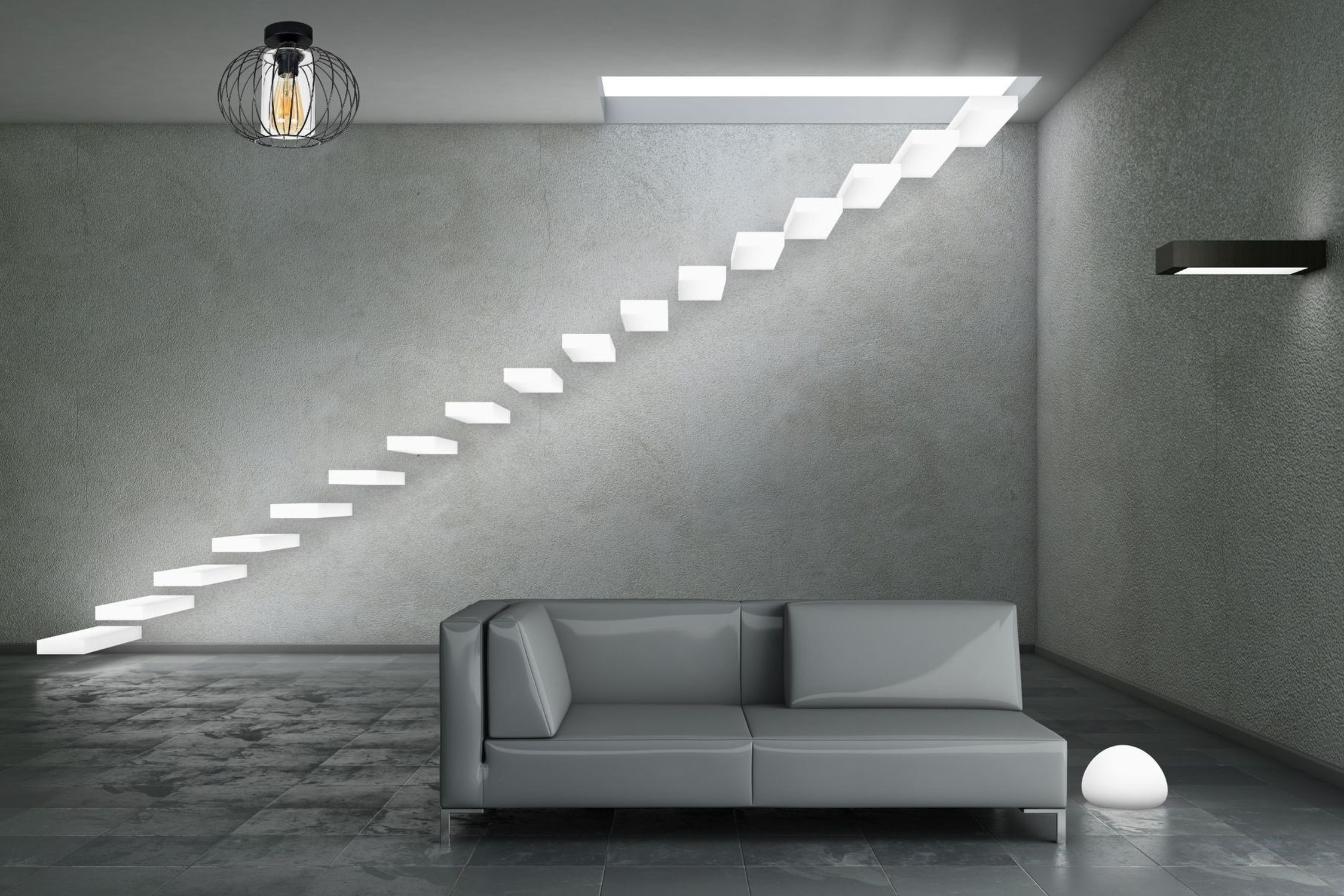 Deckenlampe Metall E27 rund Ø25 cm Schwarz Retro Design Treppen, schwebende Treppen, graues Sofa, modernes Wohnzimmer, Kugel-Lampe