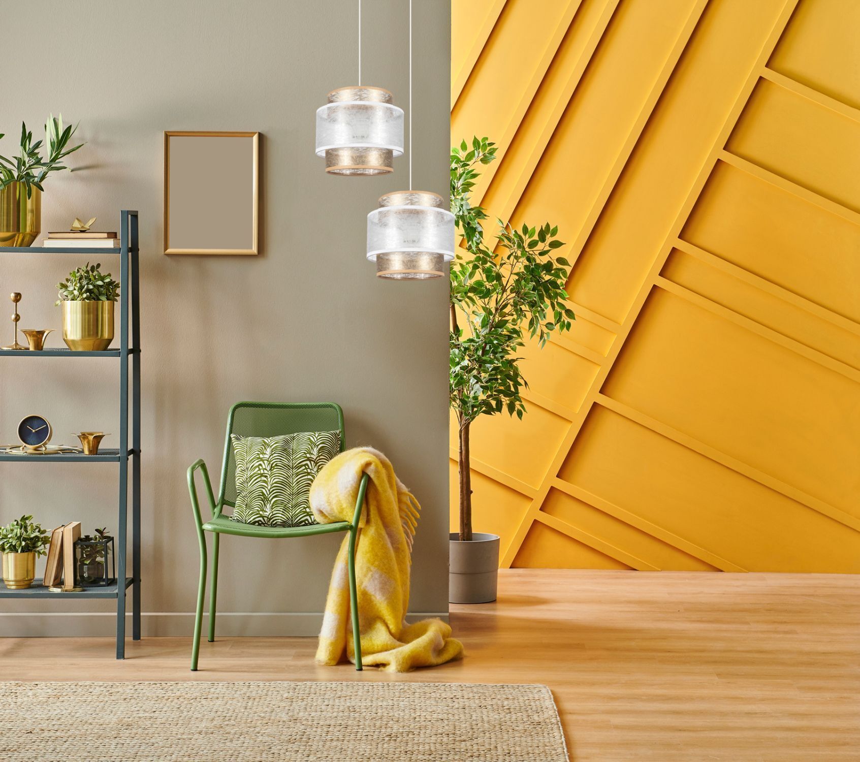 Stoff Pendelleuchte Weiß Gold E27 2-flammig L:33 cm
