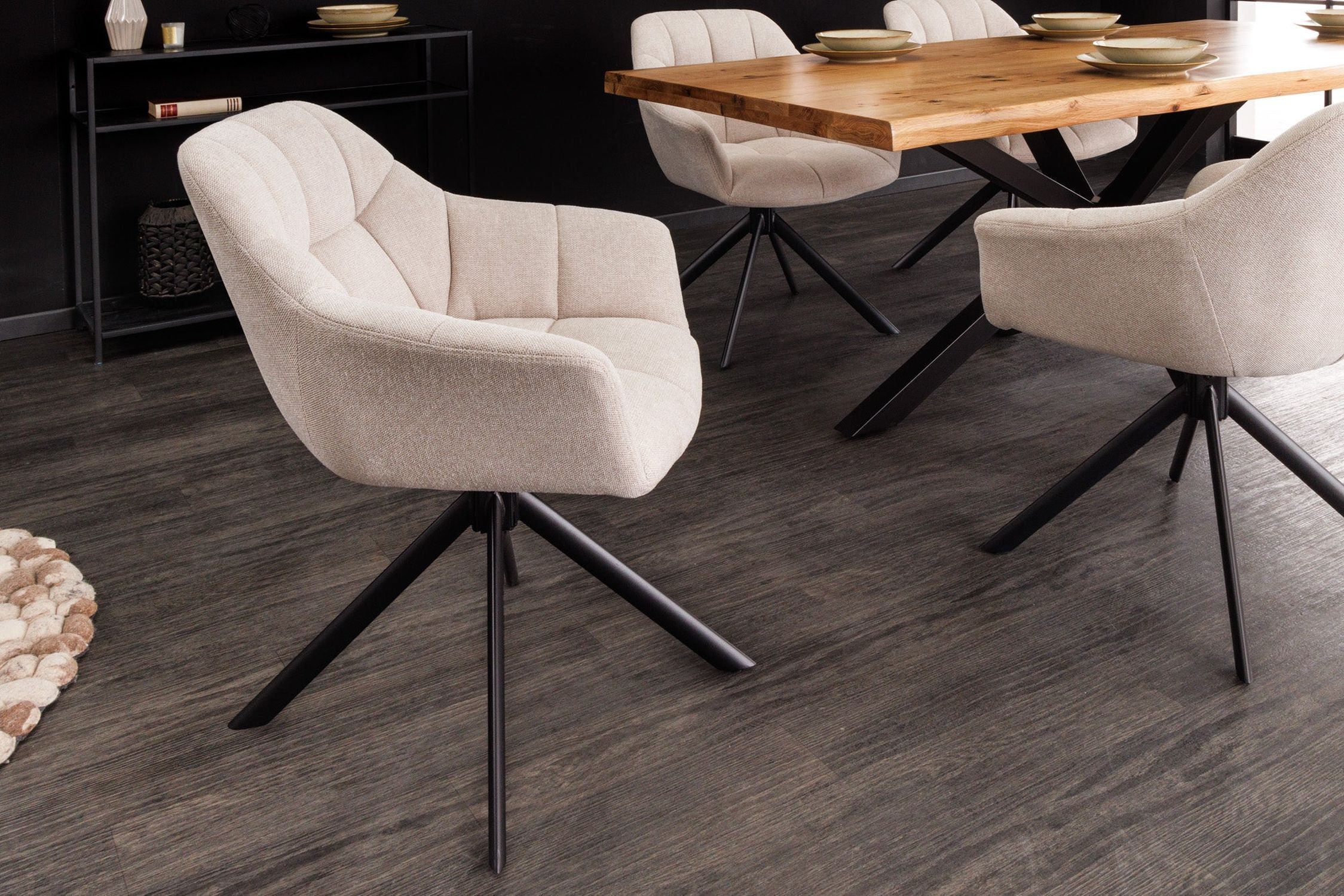 Bürostuhl ohne Rollen Creme Beige Schwarz Stoff Metall Retro Moebel, Fußboden, Stuhl, Holz, Innenarchitektur