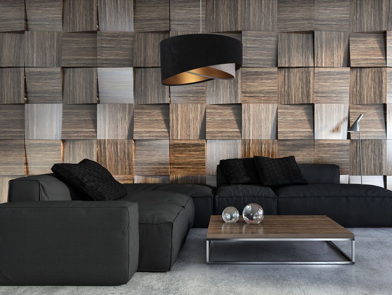 Pendelleuchte Schwarz Grau Gold E27 rund Ø 50 cm Stoff Drinnen, Innenarchitektur, Paneele aus Holz