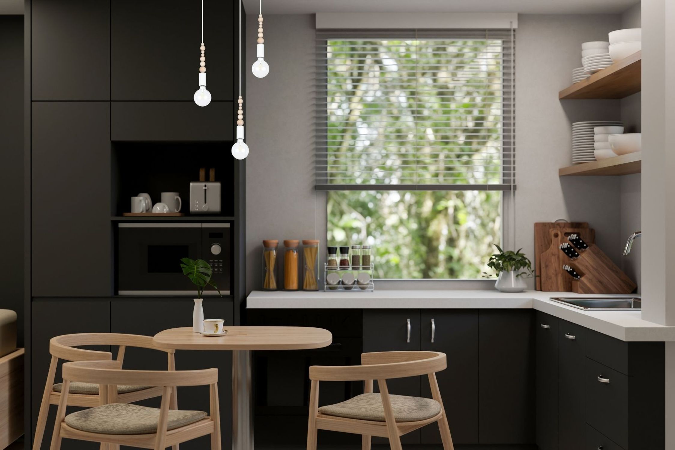 Küche, Kücheninsel, Schwarze Schränke, Holzstühle, Fensterblende