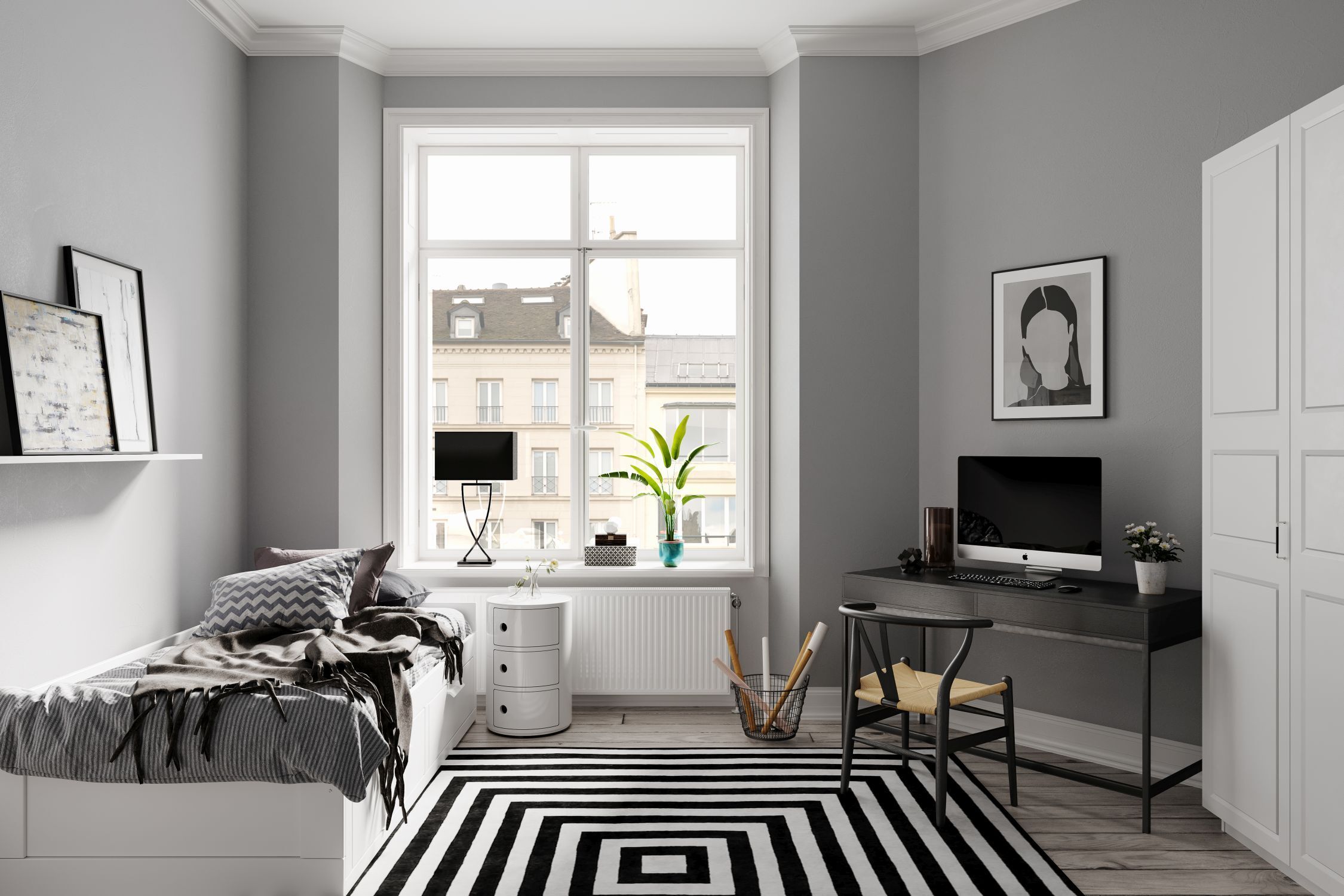 Schlafzimmer, Bett, Bettwäsche, Arbeitsplatz, Wohnzimmer-ähnlich